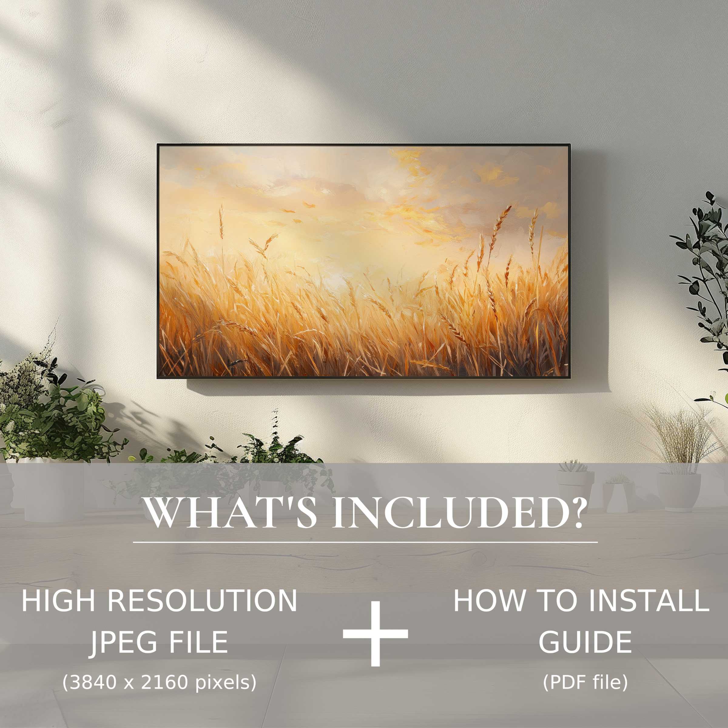 Elegant vintage digital TV art download of golden wheat field enhances any modern living room with easy digital use