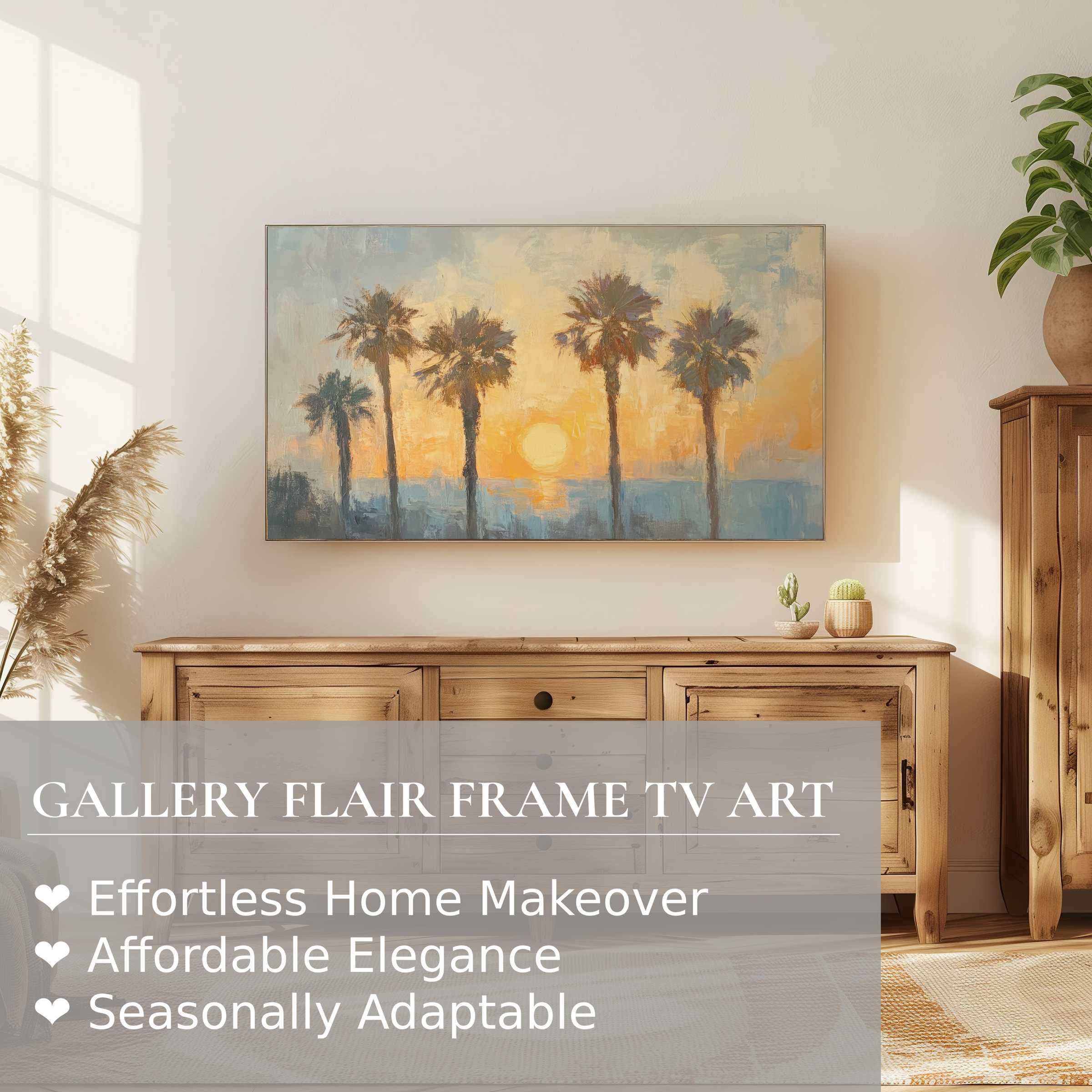 Samsung Frame TV displaying elegant summer digital artwork of palm trees at sunset in a chic modern setting