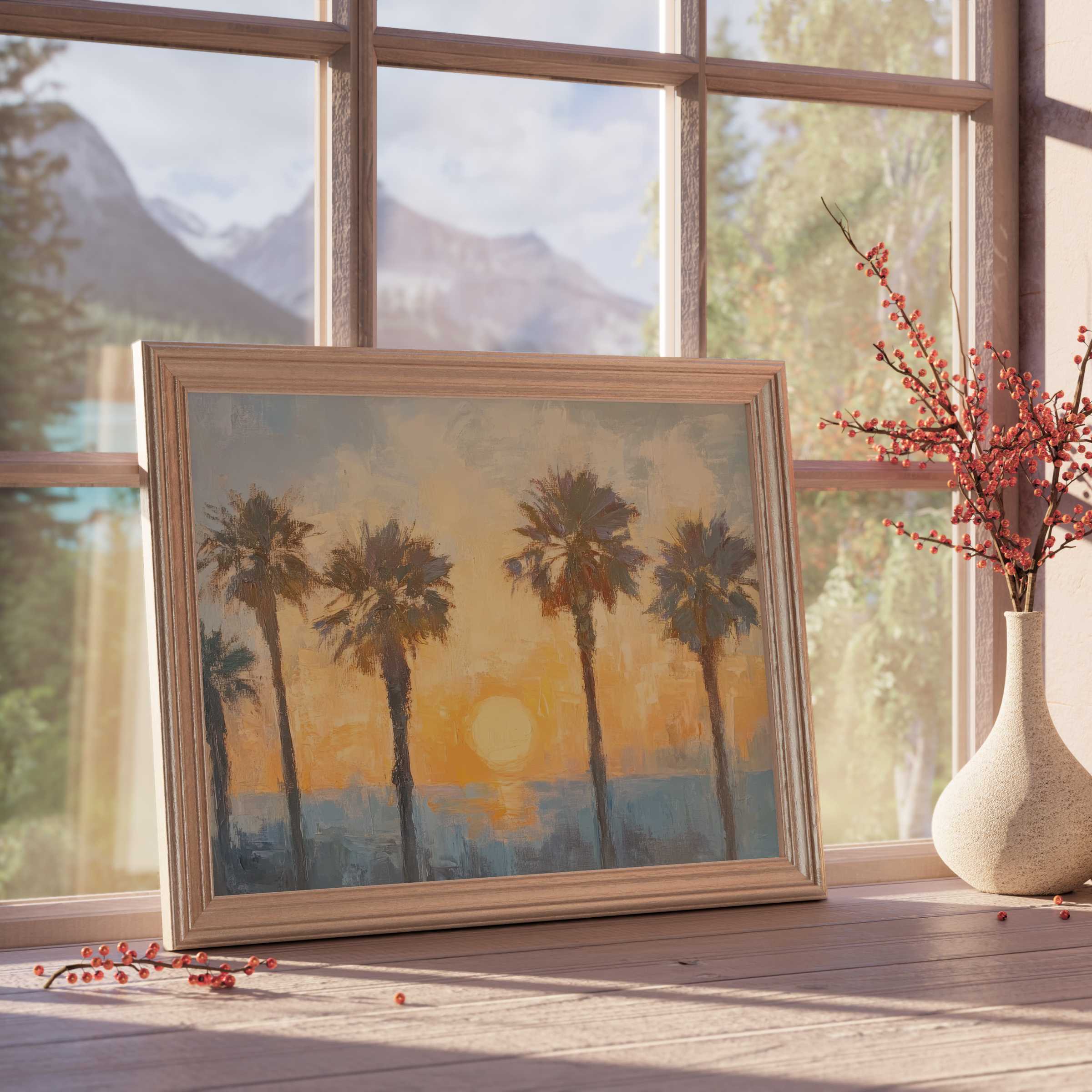 Summer downloadable art capturing a tranquil sunset with palm silhouettes, infusing serene warmth into curated modern interiors