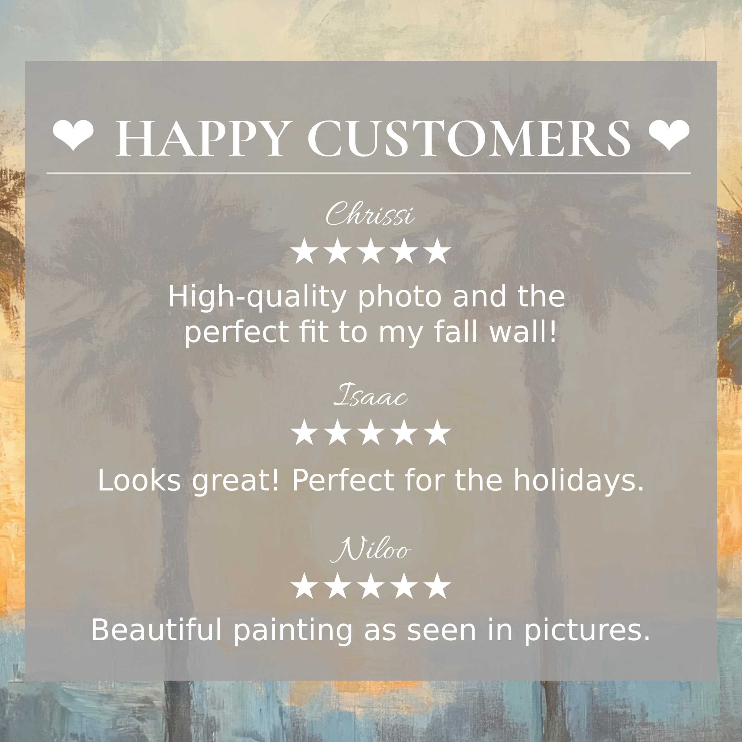 Elegant summer art for Frame TV with abstract sunset hues, showcasing happy customer reviews that inspire trust