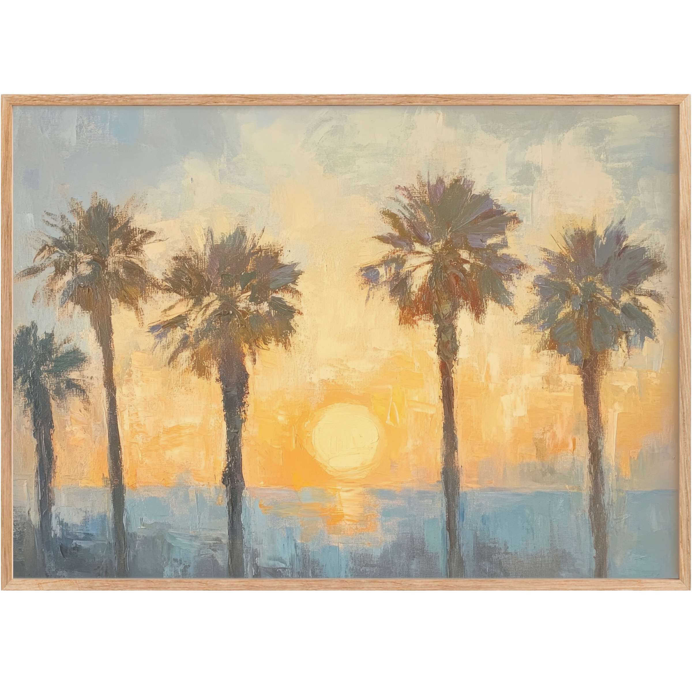 Summer printable wall art capturing a radiant sunset with soft golds and blues, evoking serene coastal elegance