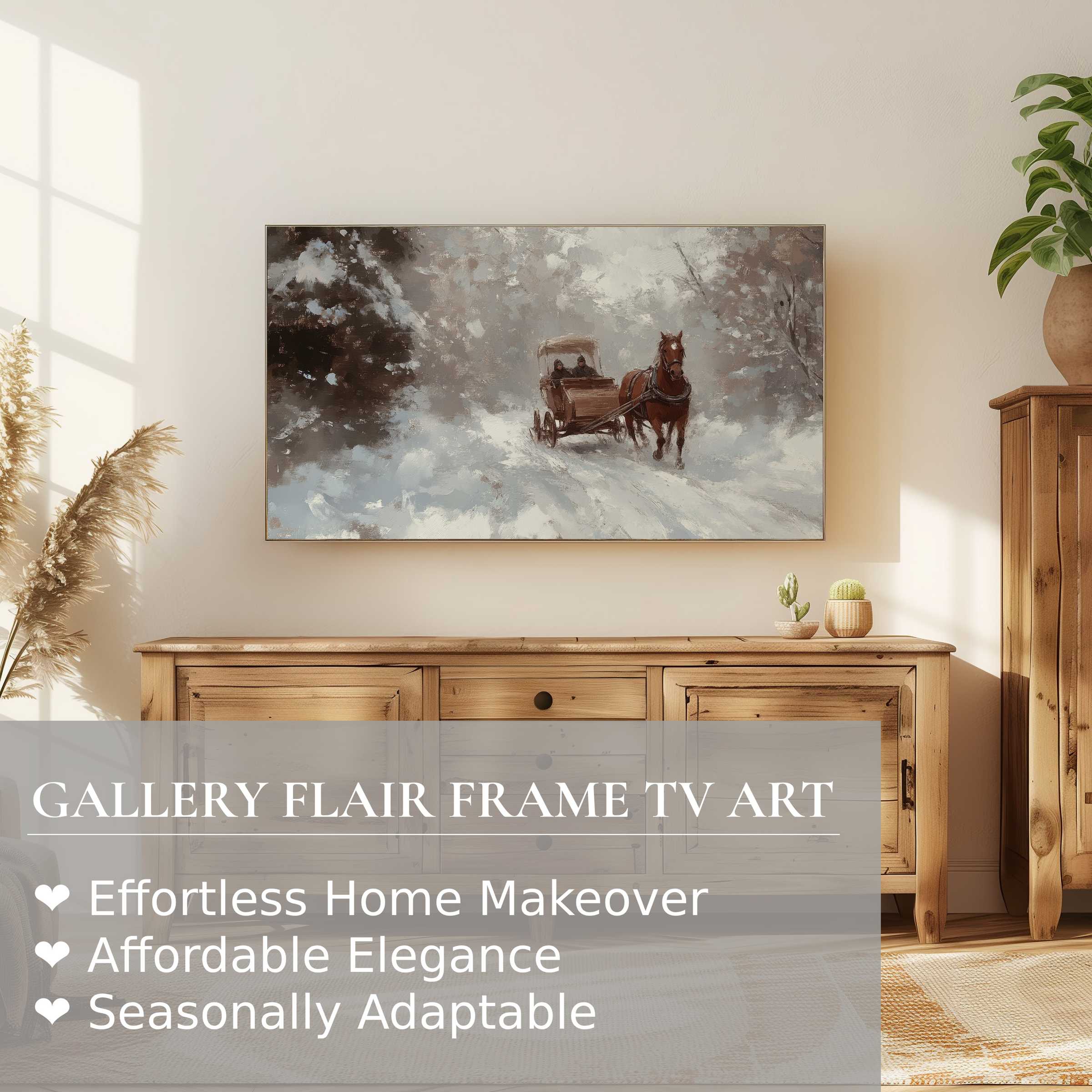 Samsung Frame TV showcasing winter digital artwork with elegant, cozy rustic home decor setting