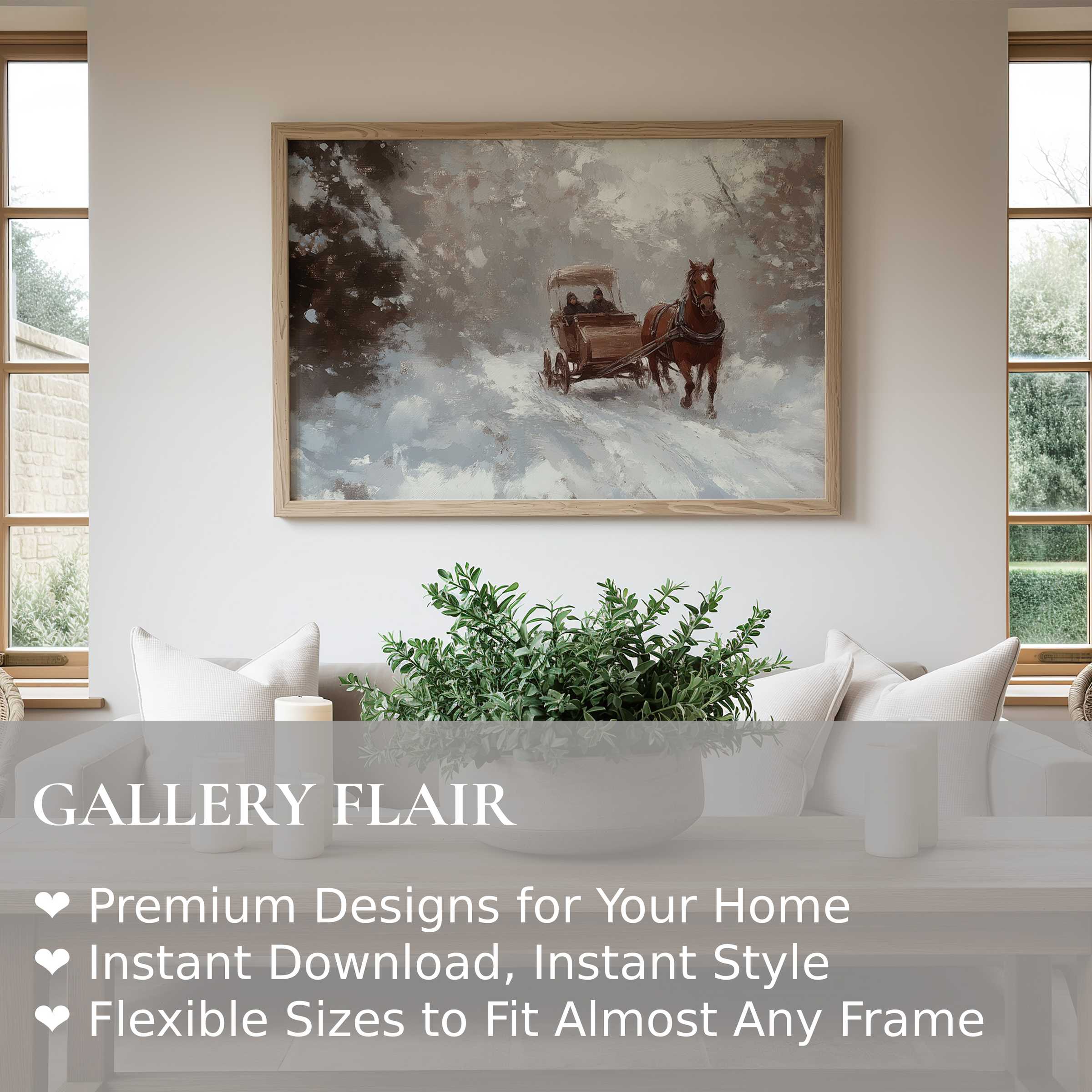 Winter wall art print depicting a serene horse-drawn carriage scene in soft, muted tones, enhancing cozy modern farmhouse decor with timeless elegance and calm