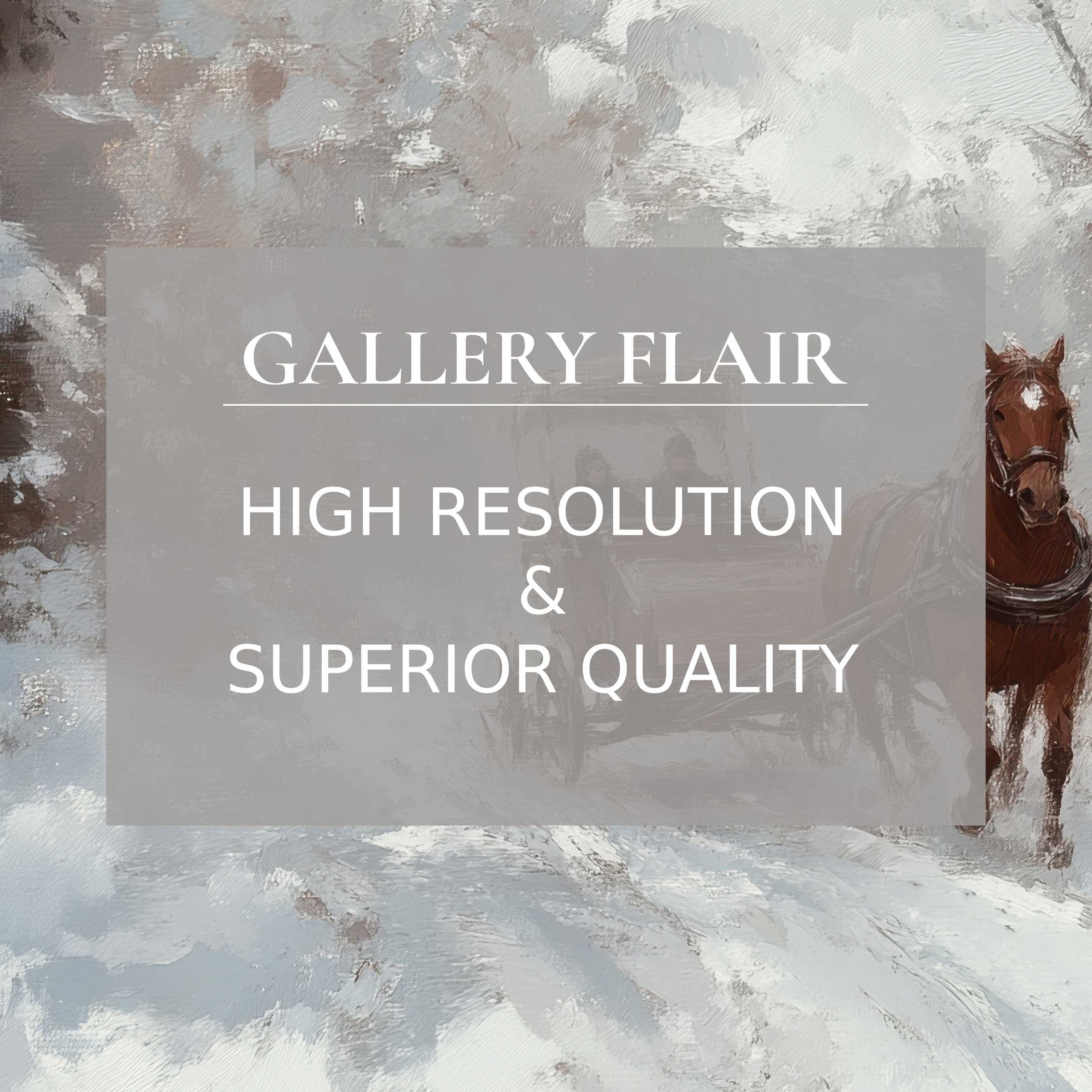 Winter printable art capturing a serene horse-drawn sleigh in refined brushstrokes, enriching modern spaces with timeless elegance