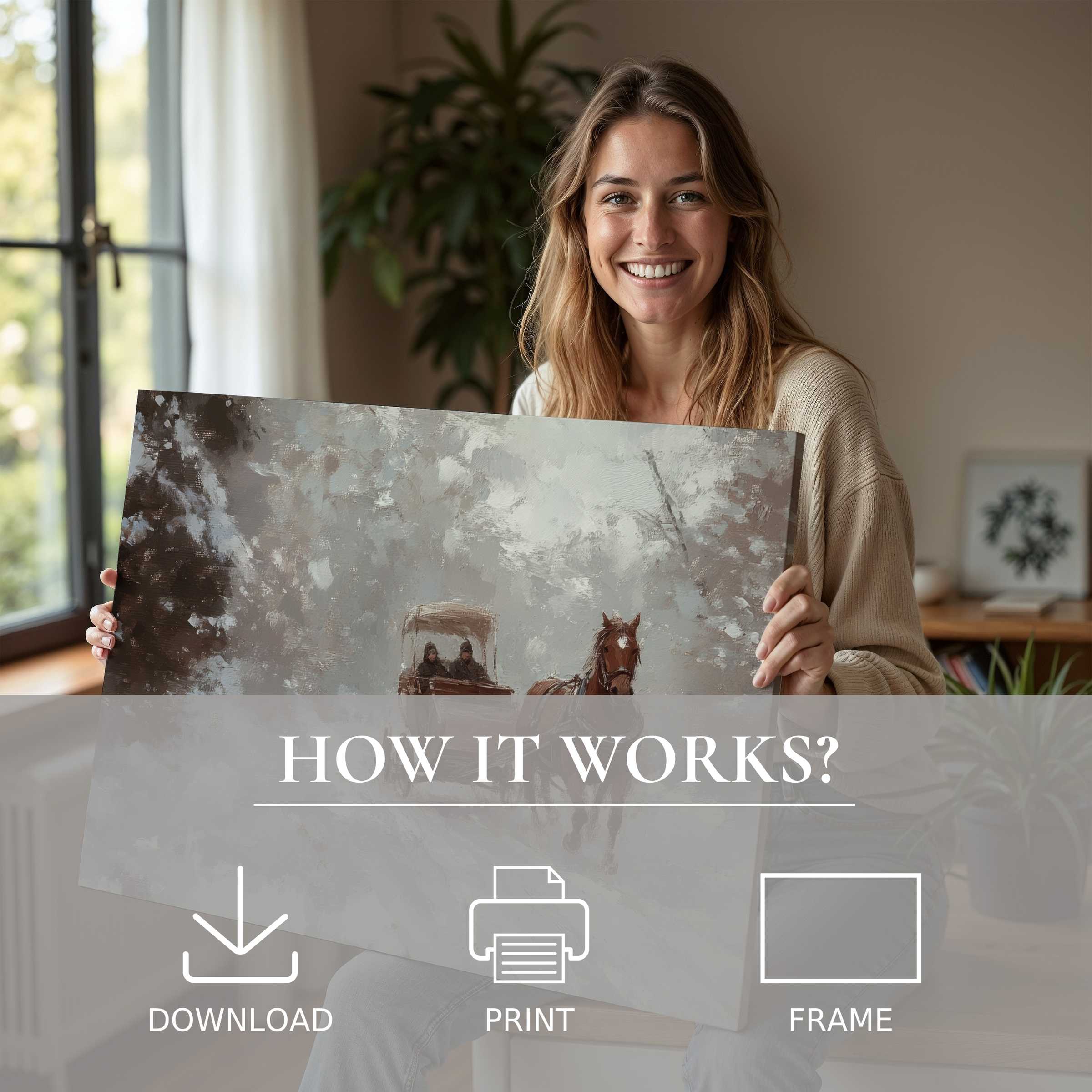 A serene winter digital art print in muted tones, embraced with joy in a modern home, embodying effortless artful living