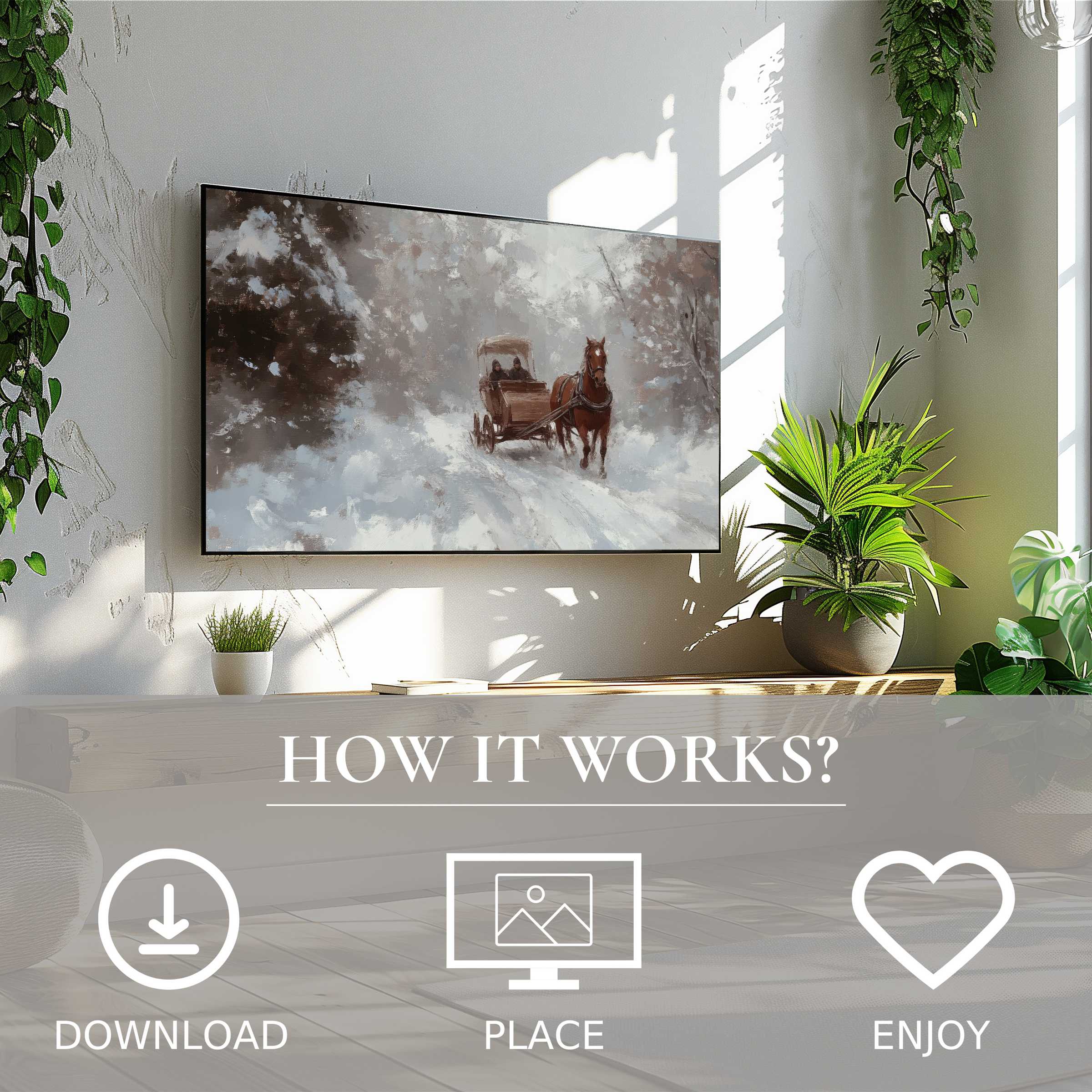 Winter art for Samsung TV shows a snowy horse carriage in soft muted tones, easy digital download enriches space