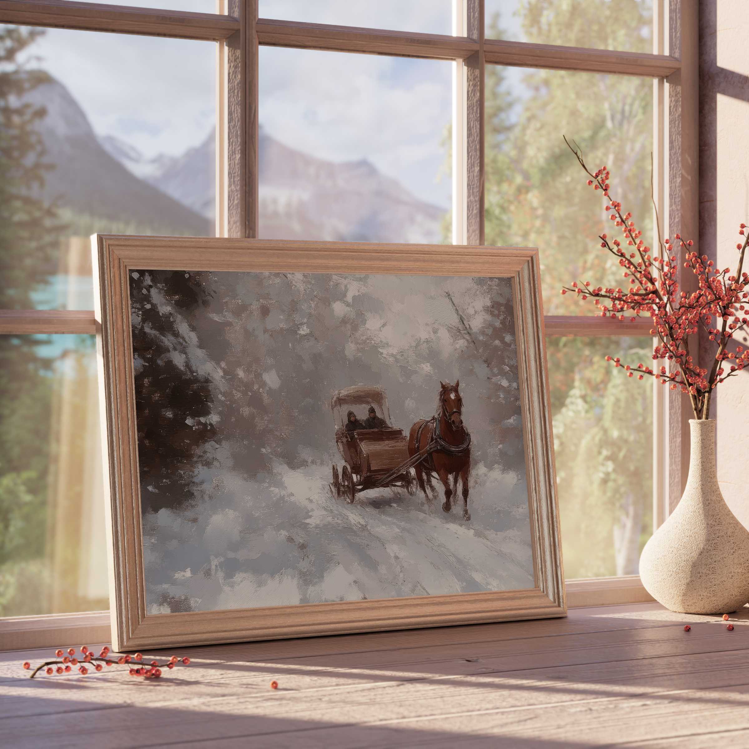 Winter downloadable art capturing a serene horse-drawn carriage in a snowy landscape, elevating elegant, cozy interiors