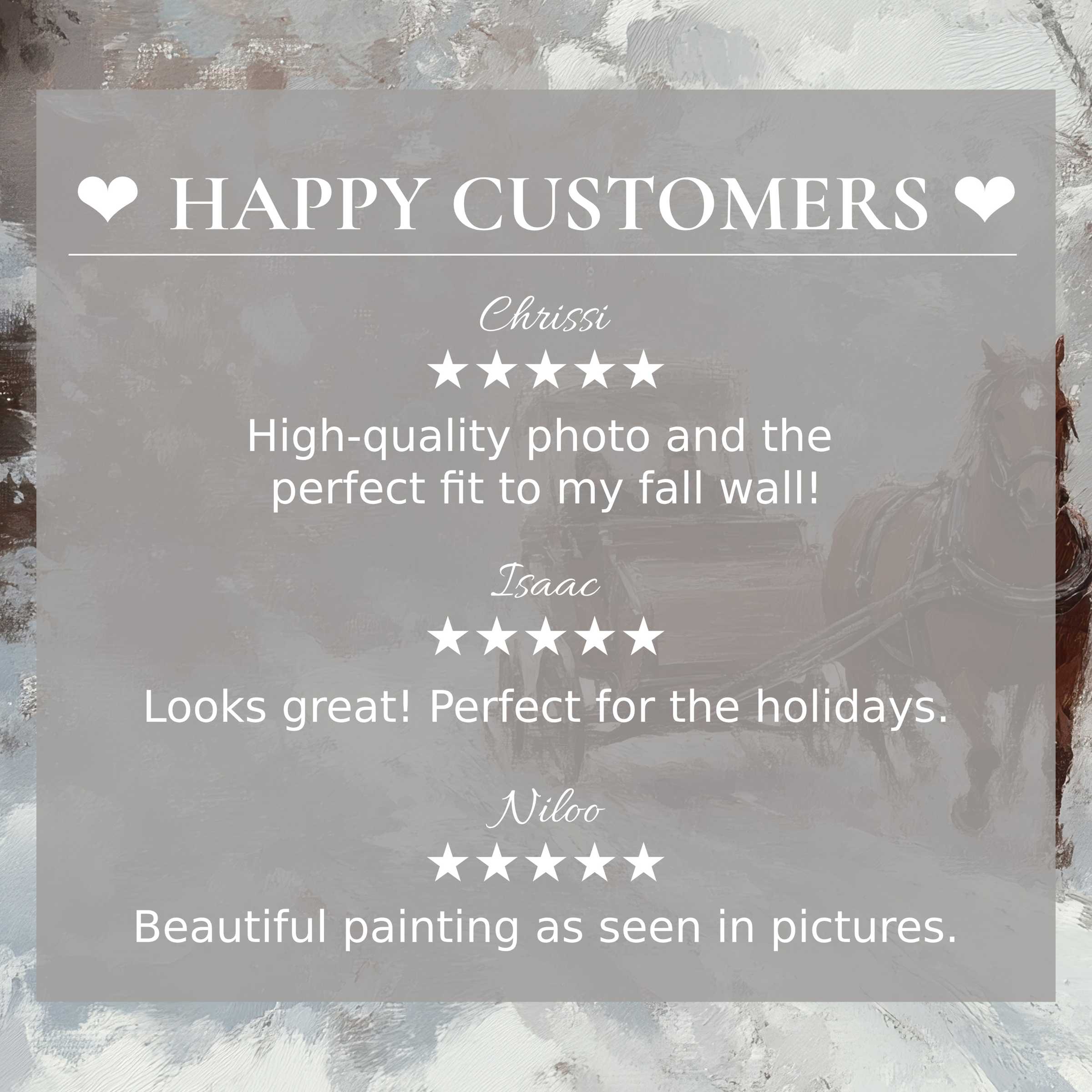 Happy customer reviews highlight winter art for Frame TV with elegant, muted landscape and horse painting background