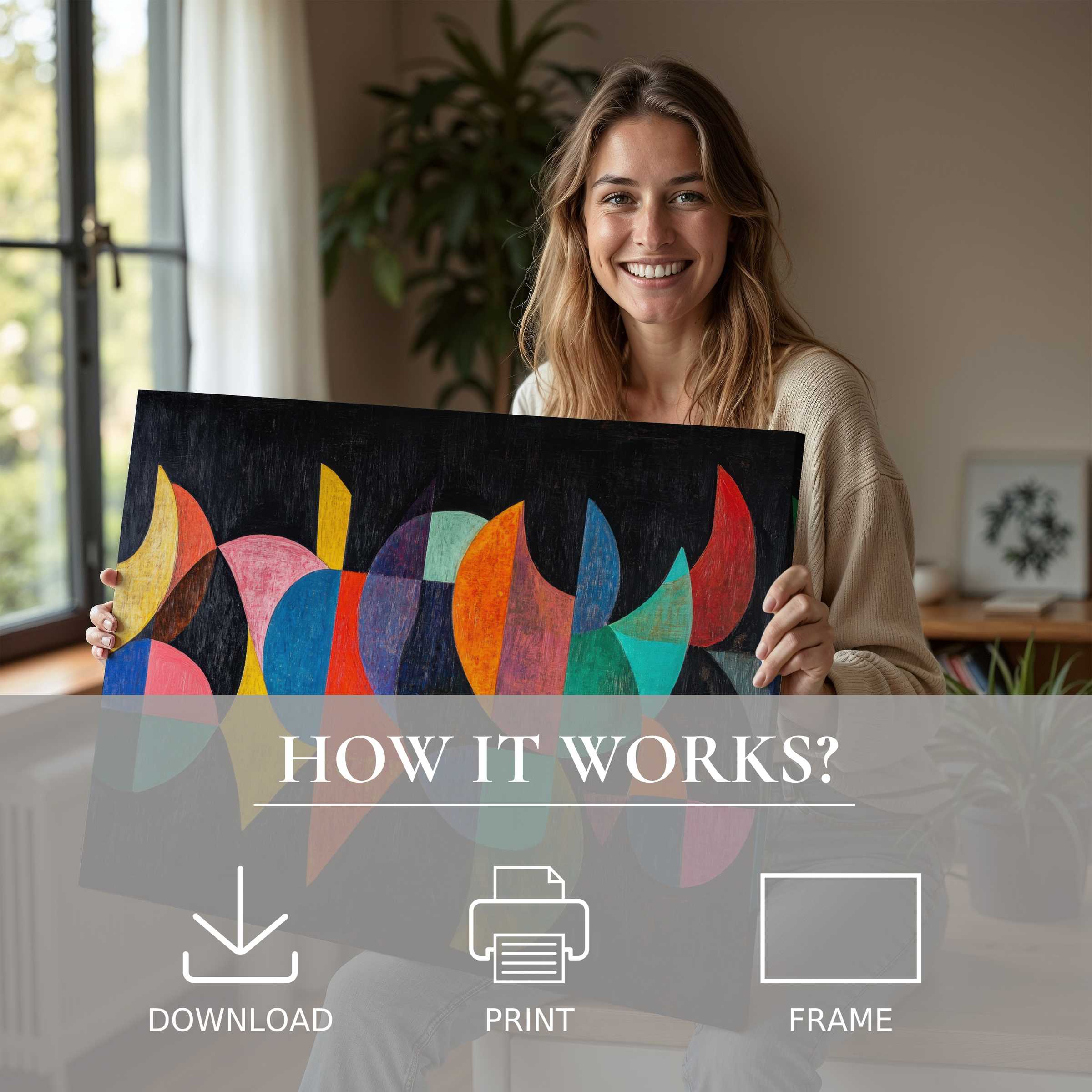 A joyful embrace of modern digital art print, bringing vibrant abstract shapes and warmth to a stylish, sunlit home