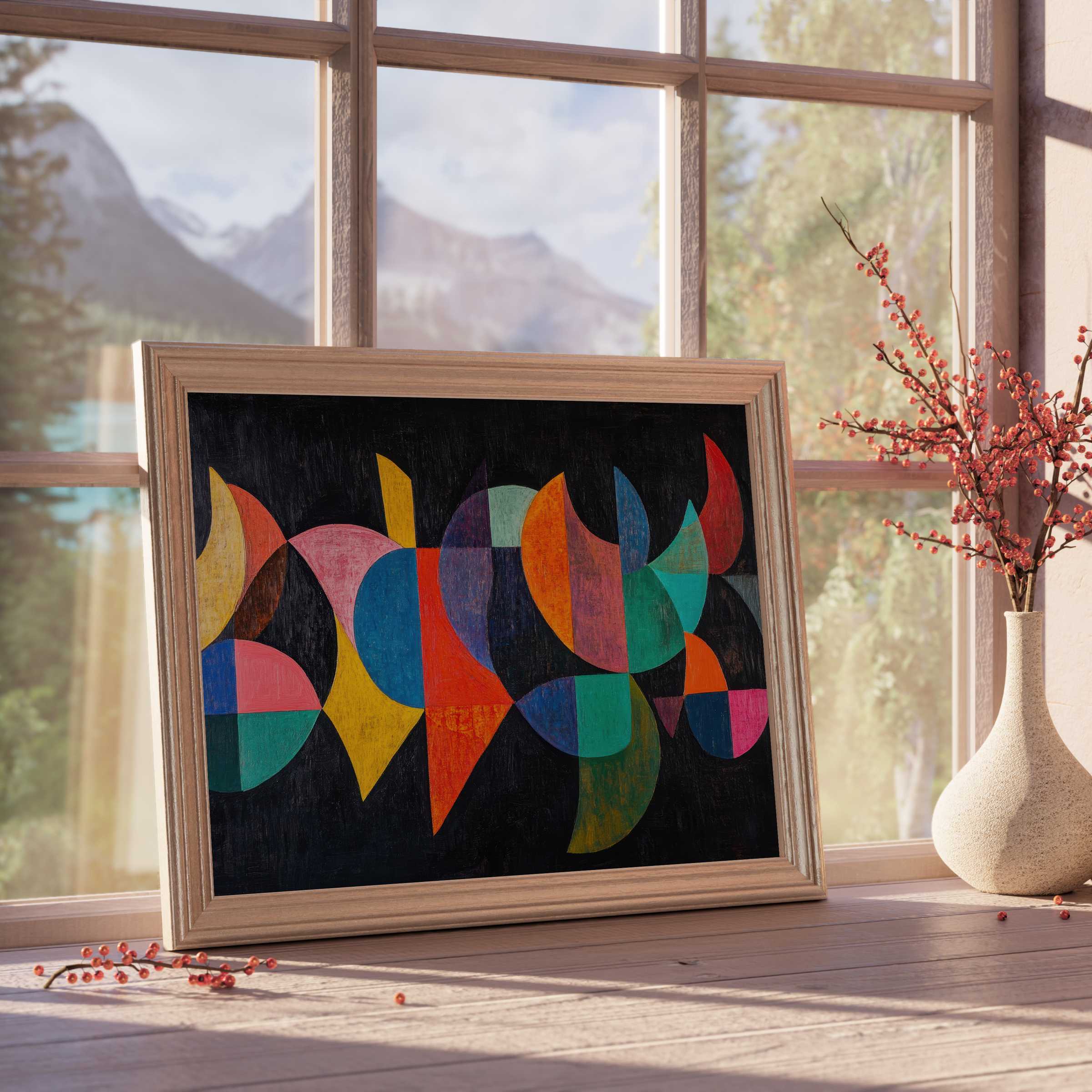 Modern downloadable art in vibrant geometric hues radiates warmth and sophistication, perfect for elevating serene, curated living spaces with timeless elegance