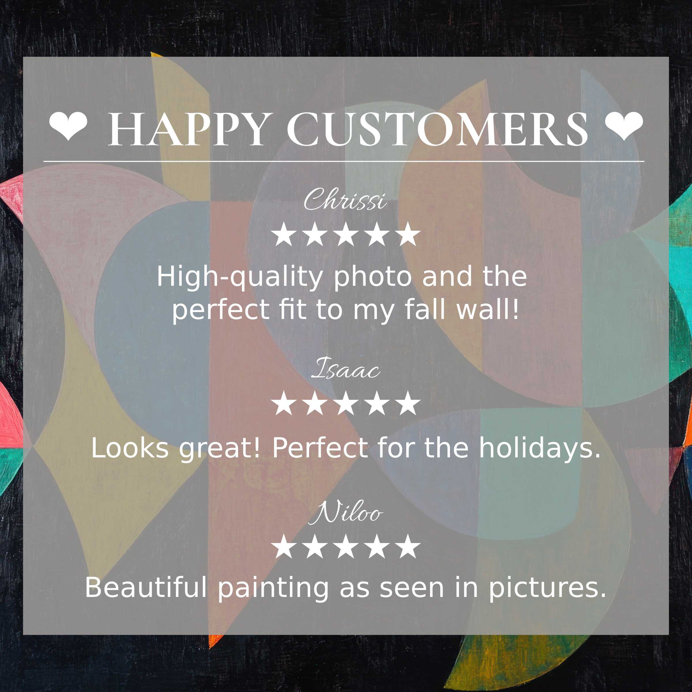 Modern art for Frame TV with abstract sunset hues behind glowing happy customer reviews, blending elegance and trust
