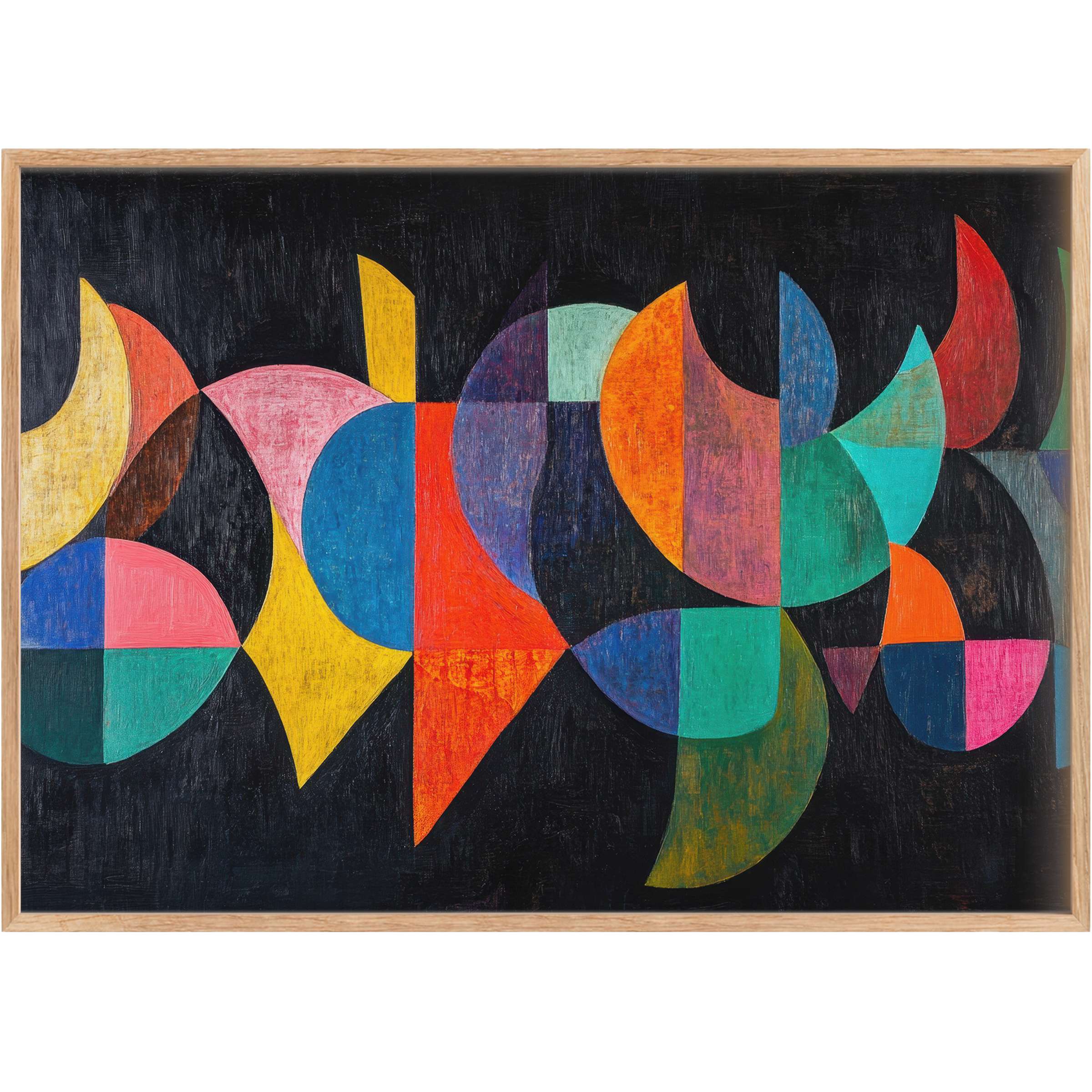 Vibrant modern printable wall art with bold geometric shapes in teal, orange, and pink, creating a dynamic, uplifting ambiance