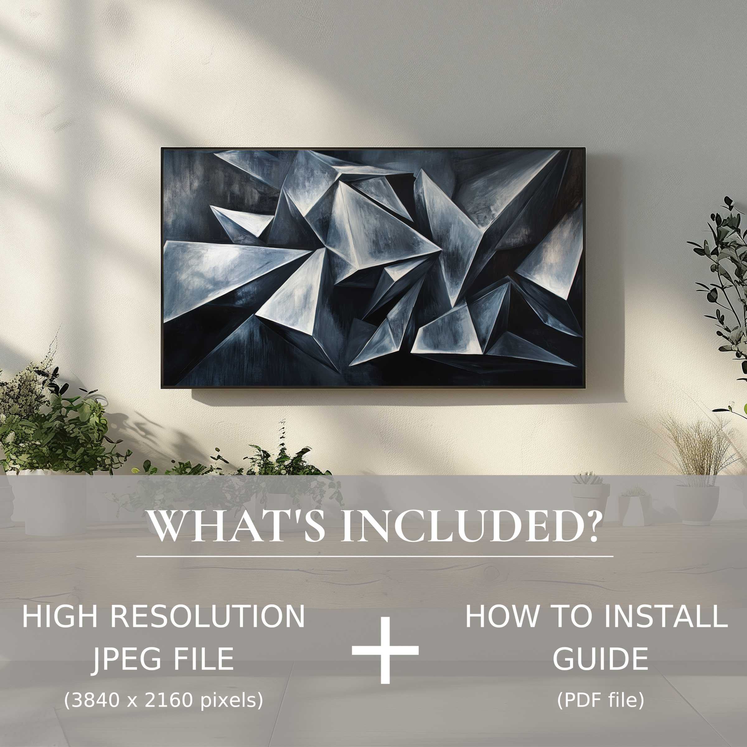 Sleek living room with abstract digital TV art download, easy digital use enhances space with modern geometric elegance