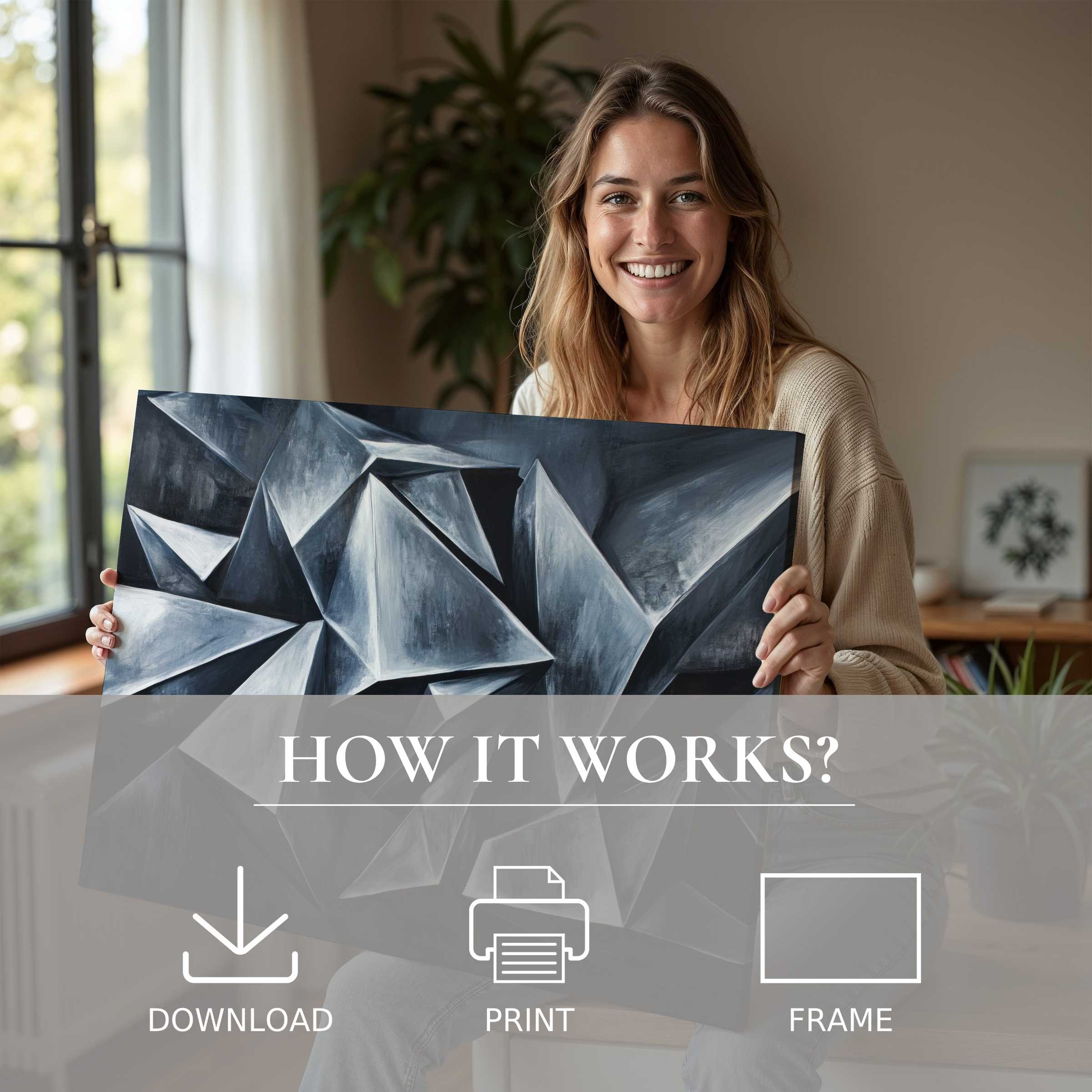 Woman in a modern home radiates joy holding an abstract digital art print, embodying the beauty of effortless art living