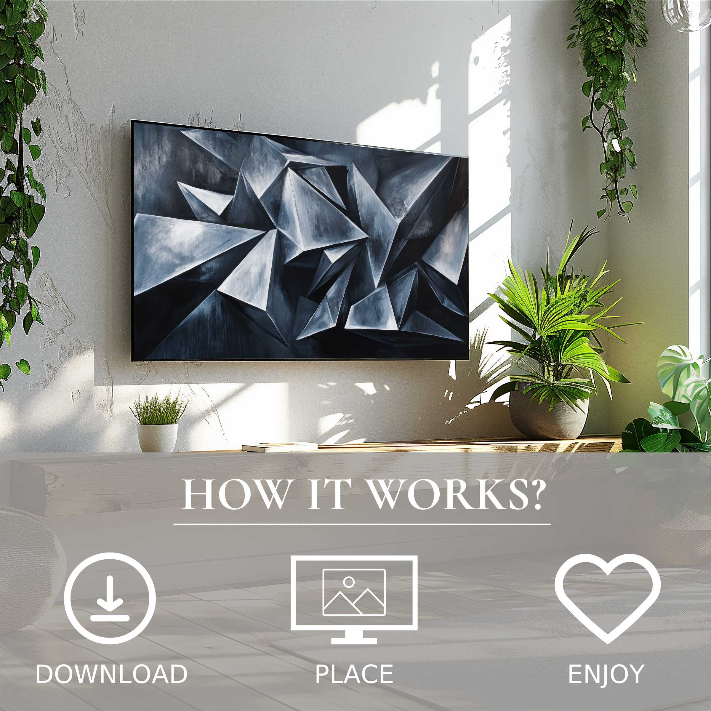 Abstract art for Samsung TV: geometric color flow in grayscale, easy digital download, enriching bright modern living spaces