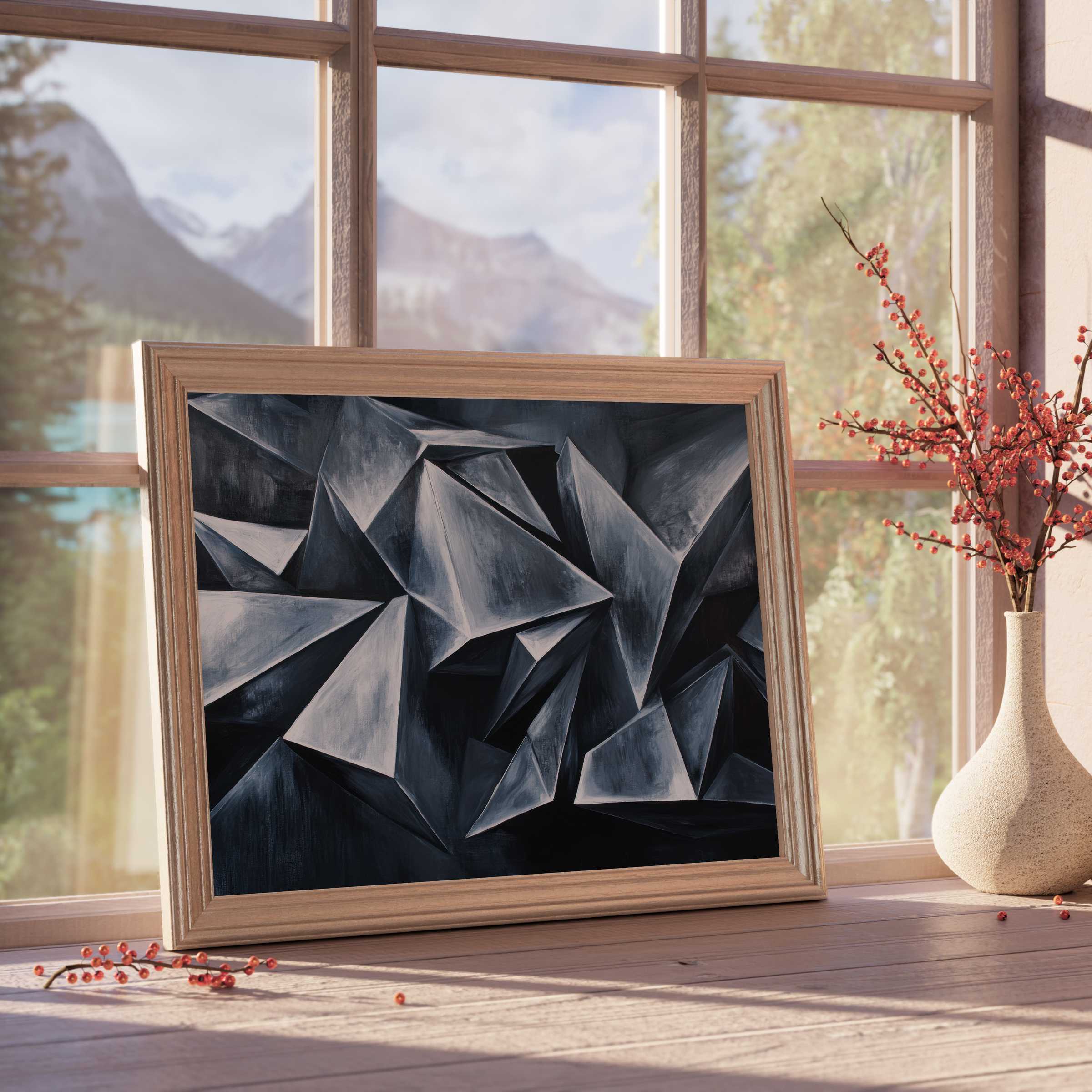 Abstract downloadable art showcasing sculptural geometric forms in cool gray tones, enriching serene, design-forward living spaces