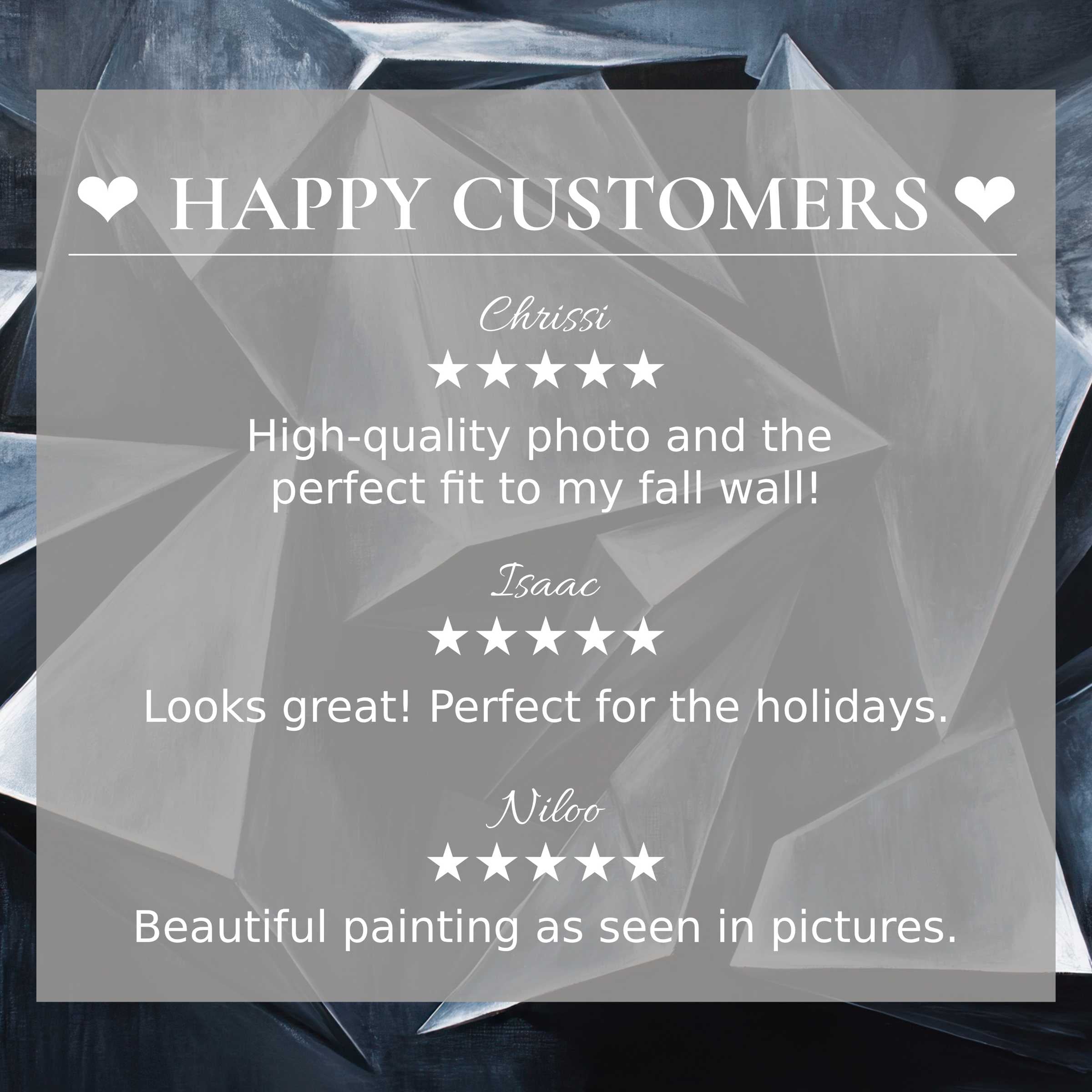 Elegant geometric abstract art for Frame TV with glowing reviews showcasing trust and a happy customer base