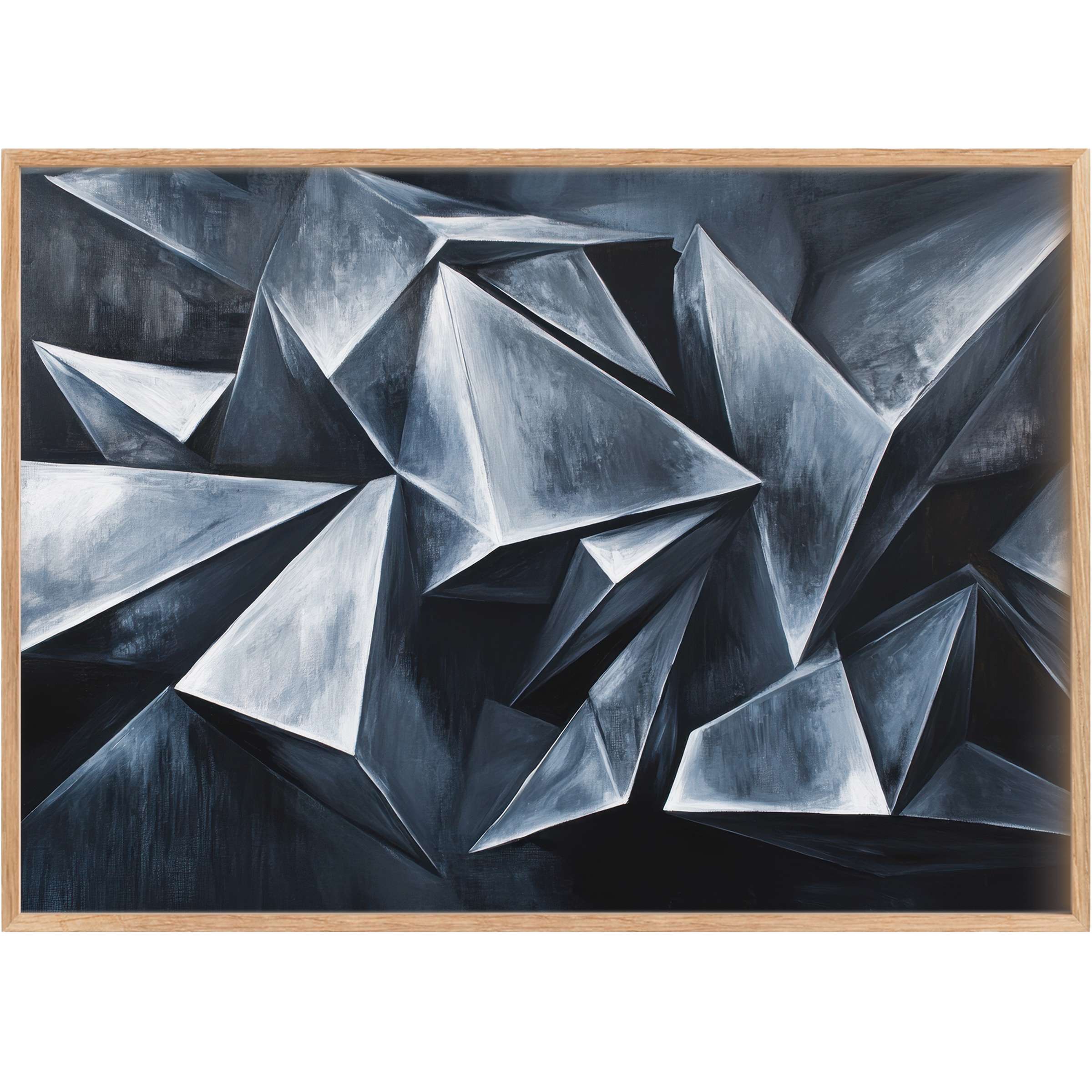 Bold abstract printable wall art featuring sharp geometric shapes in slate gray and smoky black, evoking modern elegance and depth