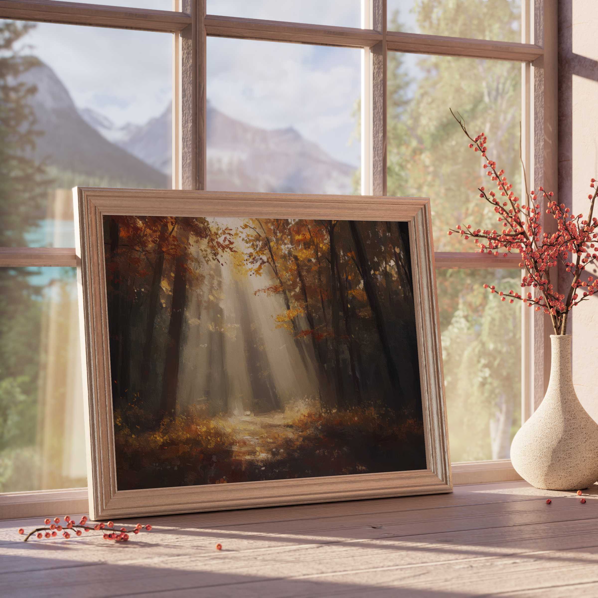 Fall downloadable art capturing golden light filtering through autumn forest, elevating serene, design-forward interiors with warm ambiance