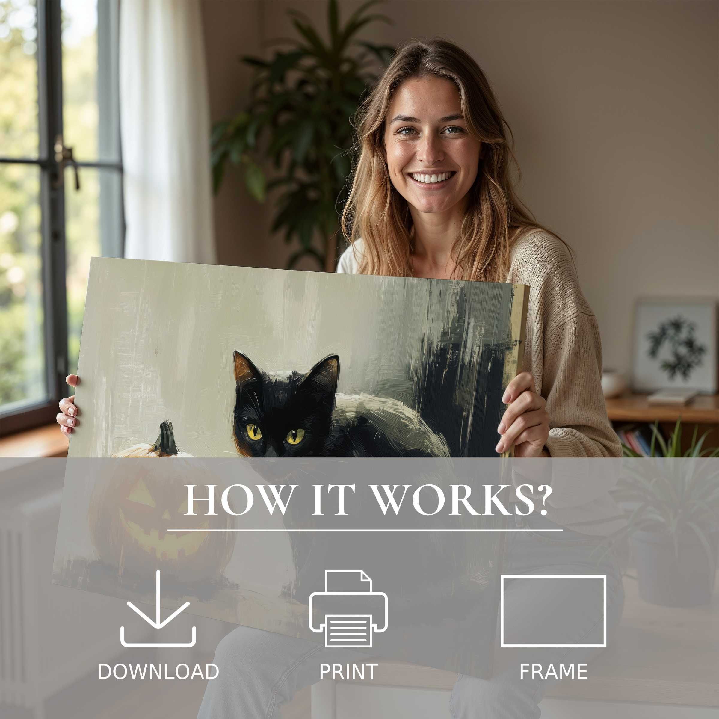 Woman radiates joy in a stylish home, embracing the charm of a Halloween digital art print with serene black cat hues