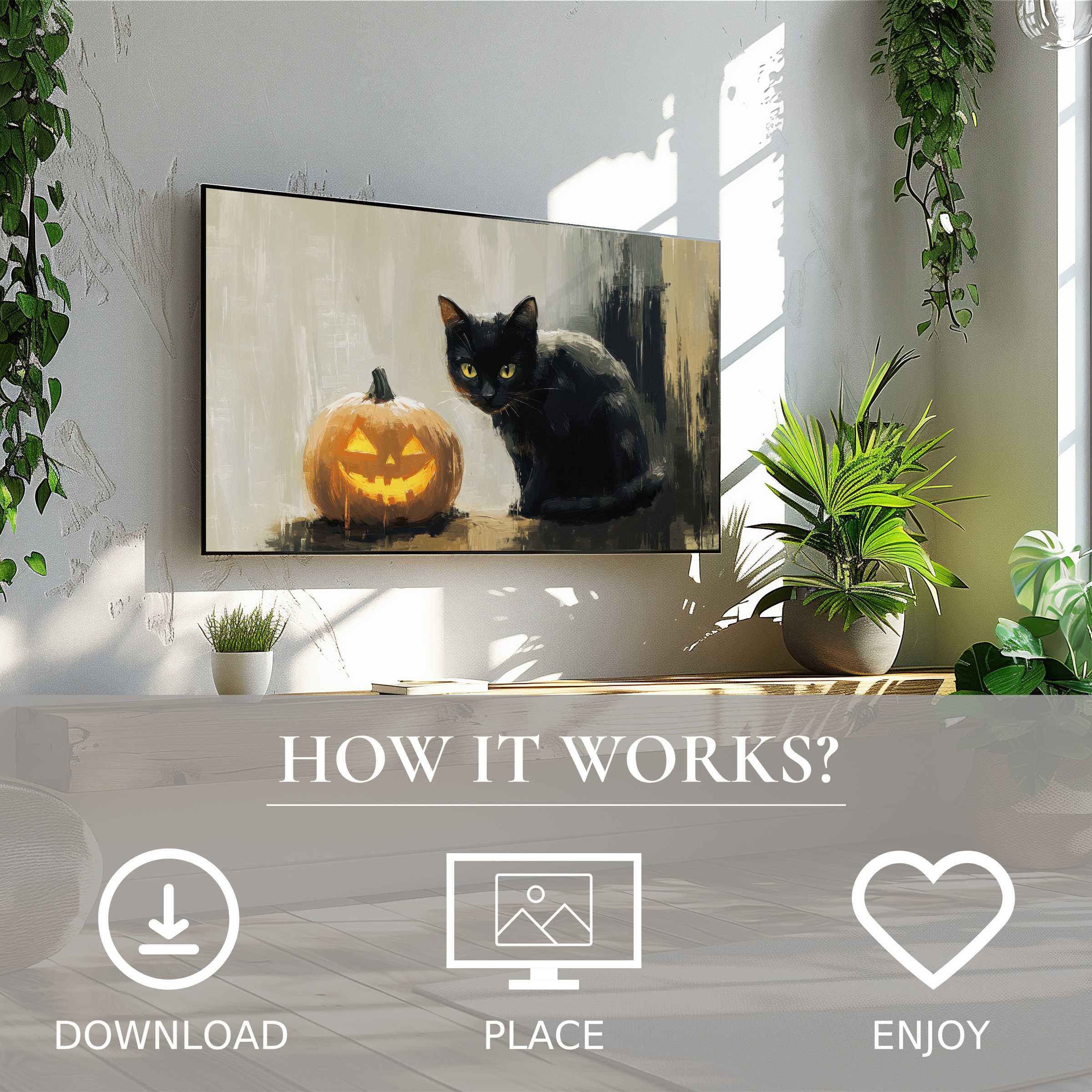 Halloween art for Samsung TV shows a black cat and glowing pumpkin in soft, muted tones; easy digital download decor