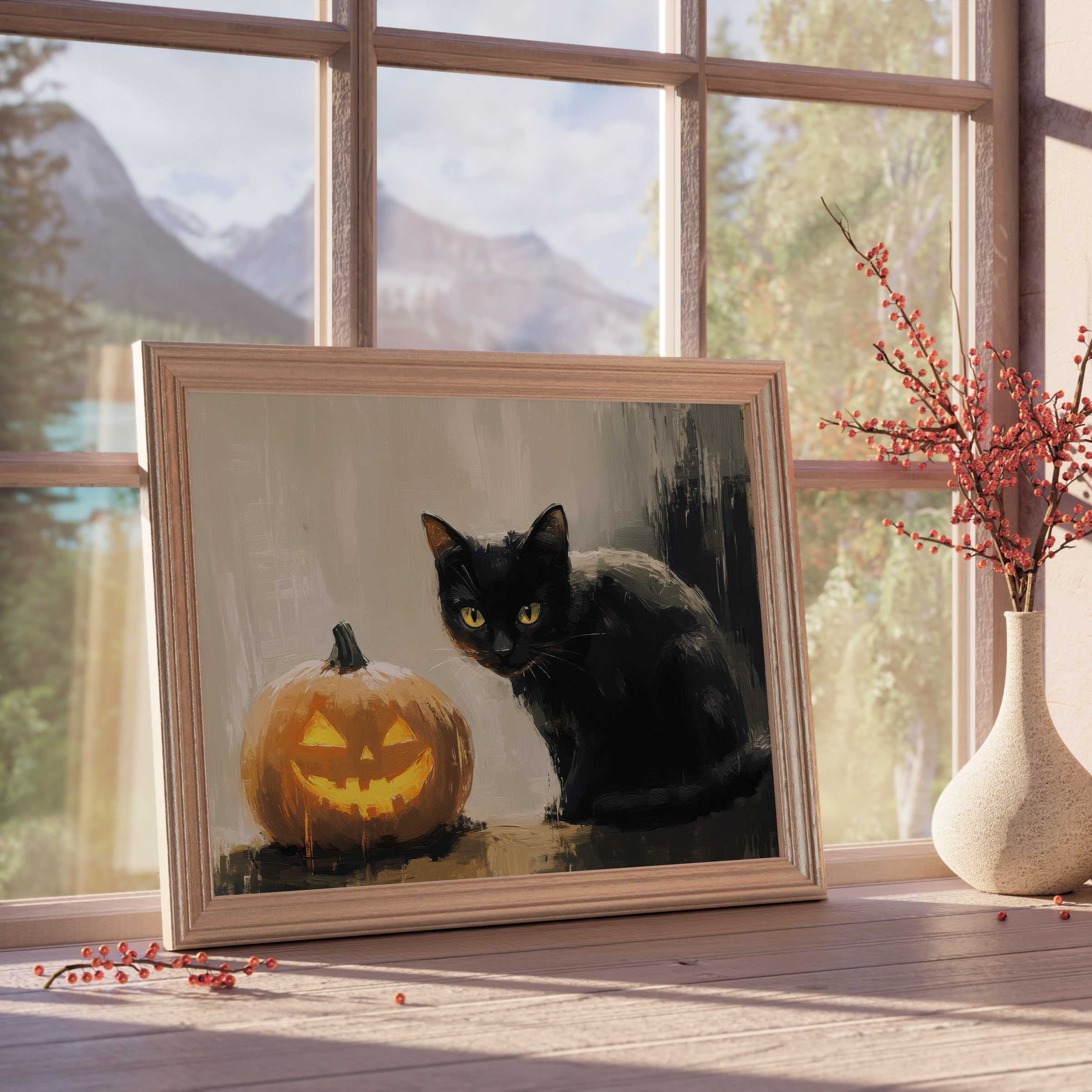 Halloween downloadable art featuring a sleek black cat and glowing jack-o'-lantern, perfect for curated, tranquil interiors with a seasonal, elegant touch