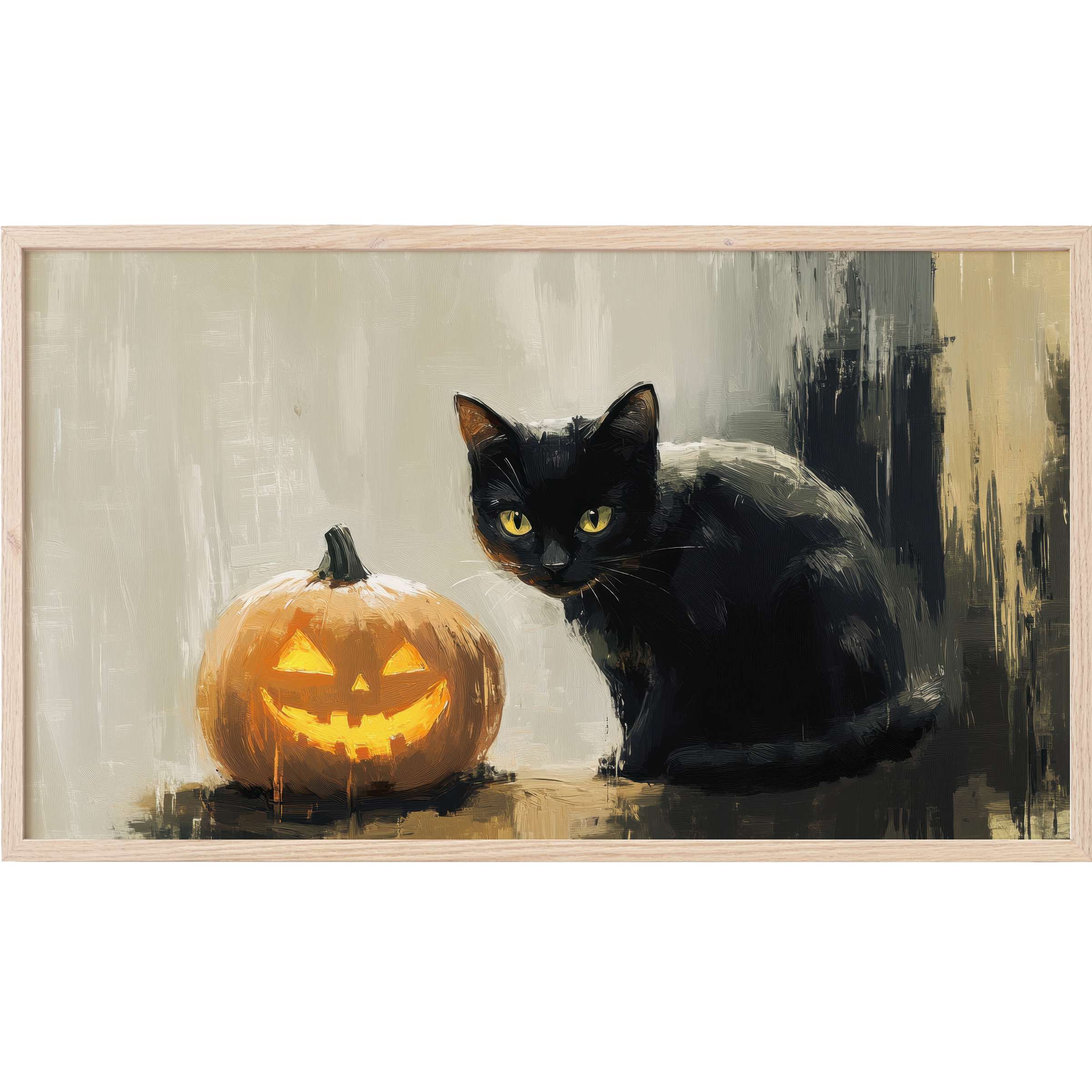 Halloween Frame TV Art depicting a sleek black cat beside a glowing carved pumpkin in muted, modern brushstrokes