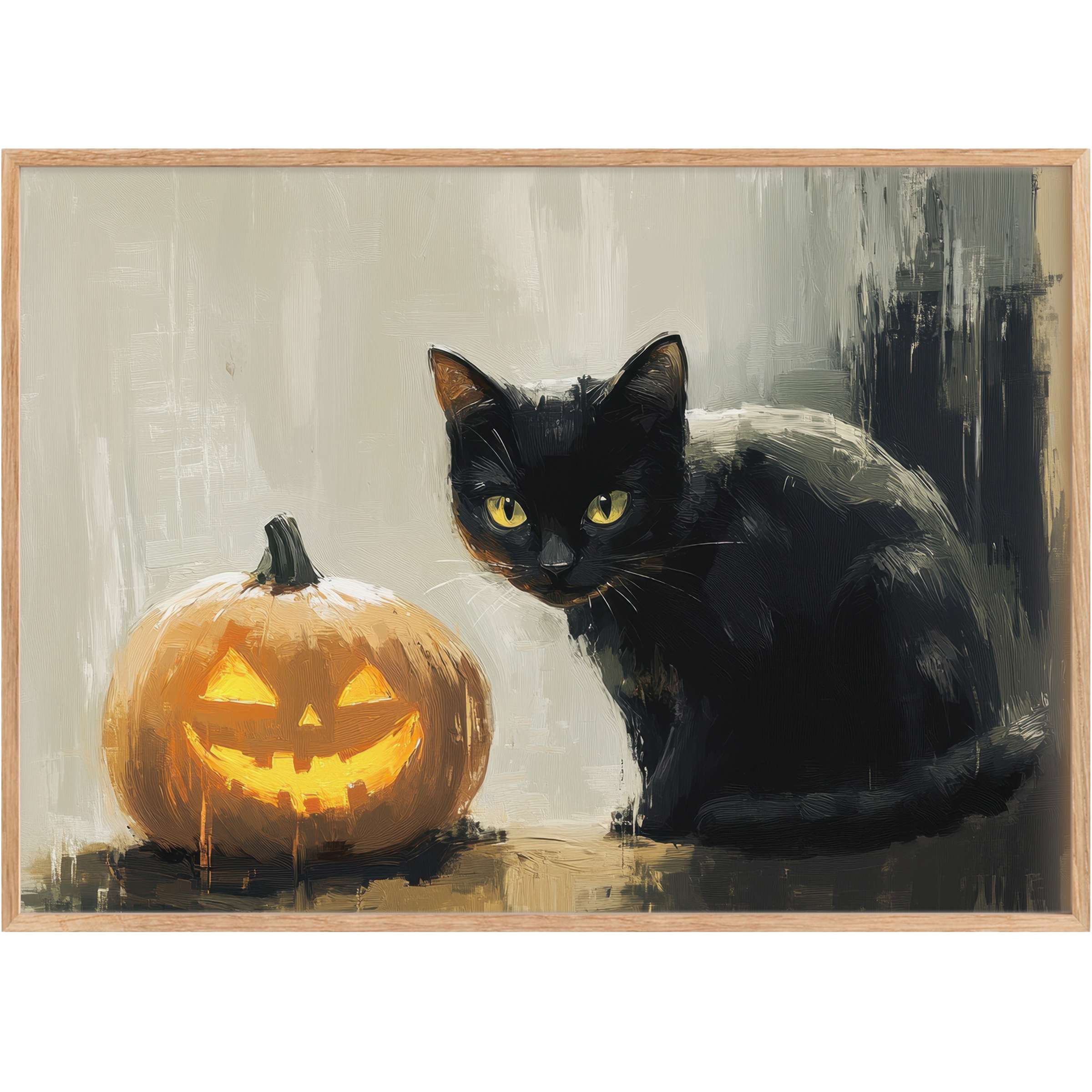 Elegant halloween printable wall art featuring a sleek black cat and glowing pumpkin, evoking a mysterious, warm ambiance