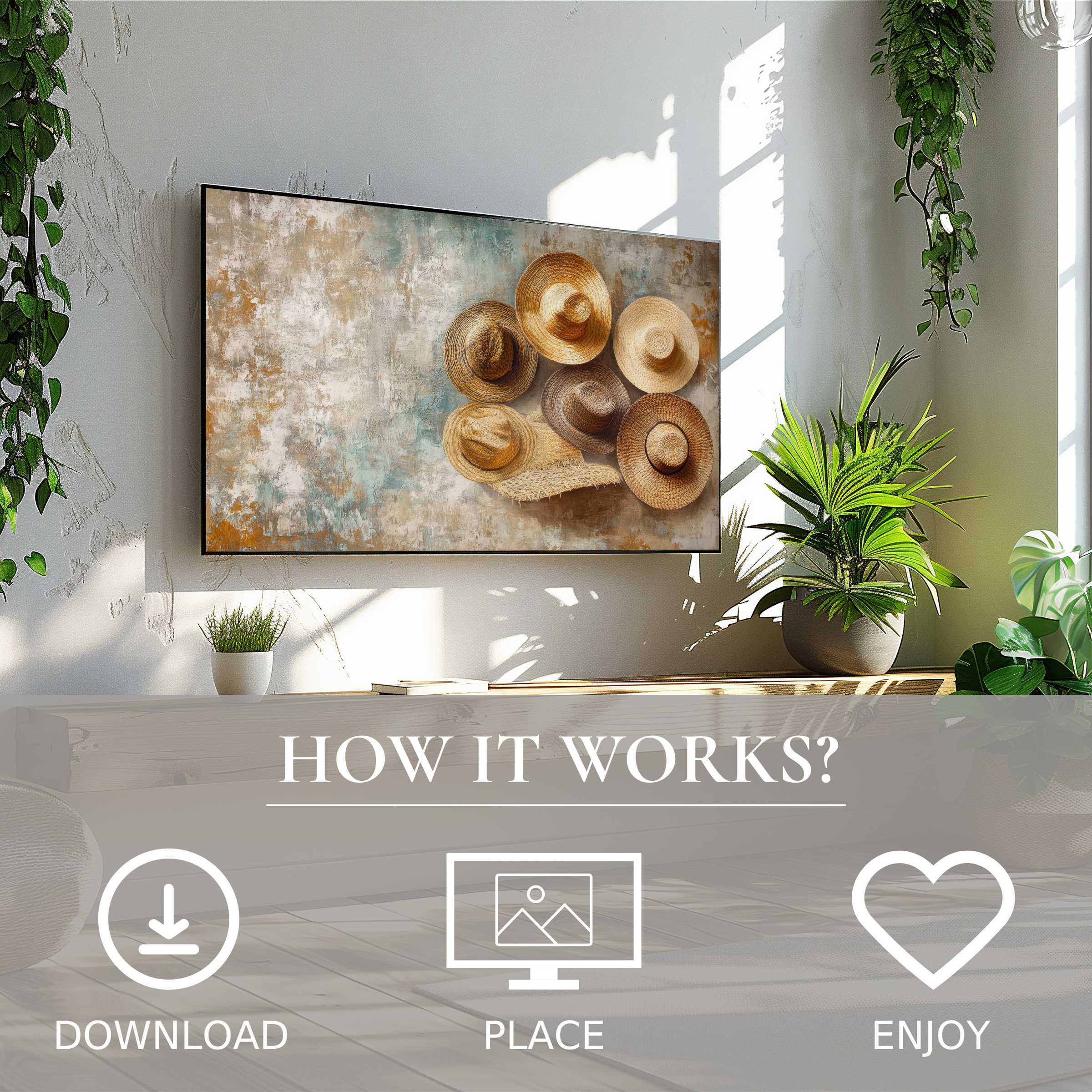 Bright living room with boho art for Samsung TV featuring soft earth tone hats, easy digital download, instantly enrich space