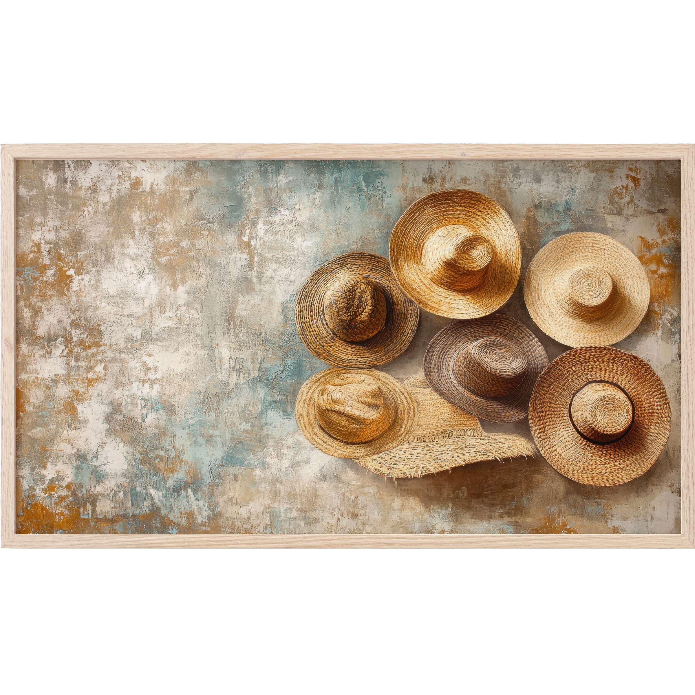 Boho Frame TV Art with woven straw hats in warm earth tones on a textured beige and blue-gray backdrop