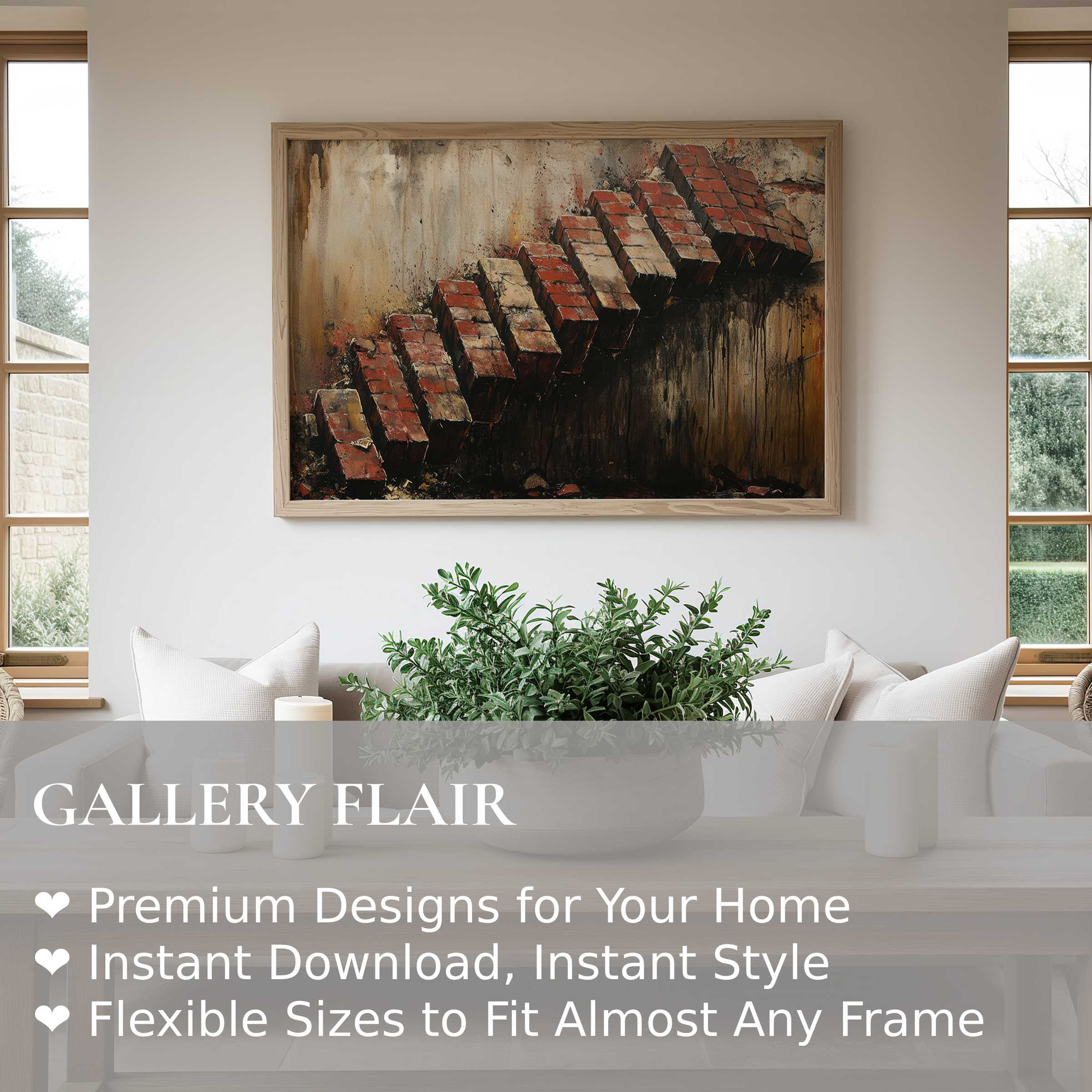 Bold street art wall art print featuring textured red bricks with raw, urban decay tones, elevating modern minimalist interiors with edgy, artistic depth