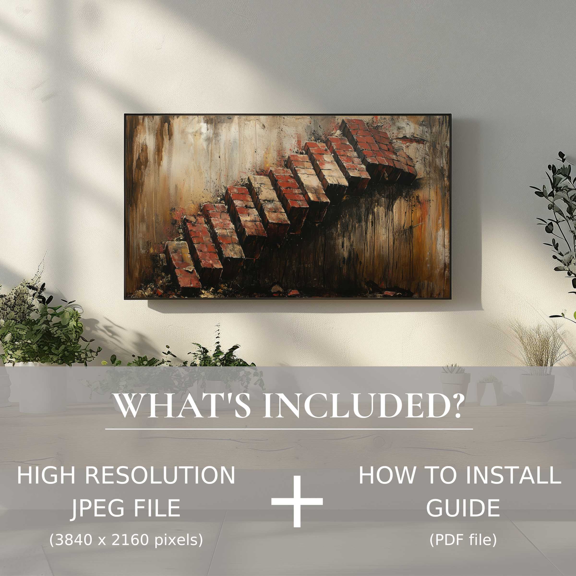 Elegant living room with street art digital TV art download, easy digital use enhances modern decor effortlessly