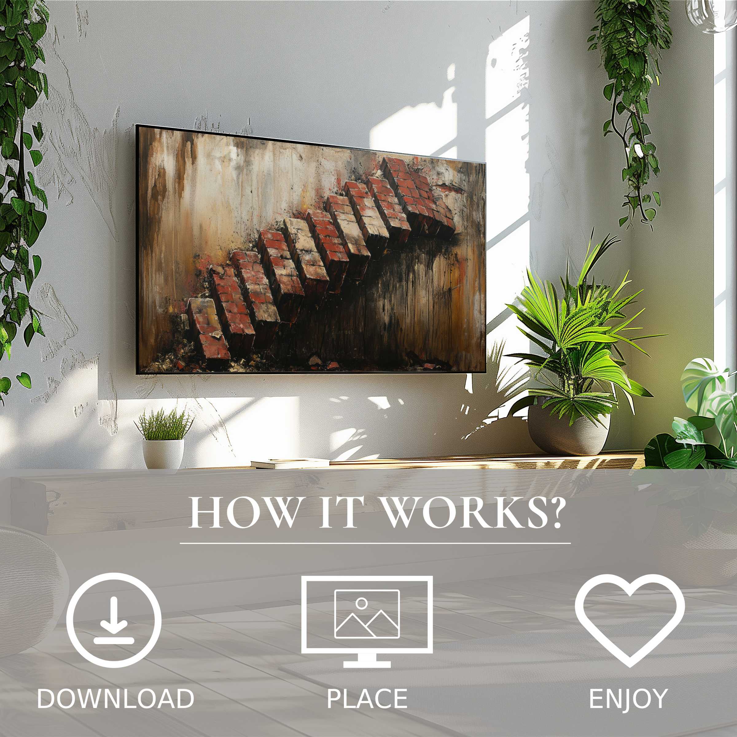 Modern living room with street art for Samsung TV; easy digital download enriches space with textured brick motif