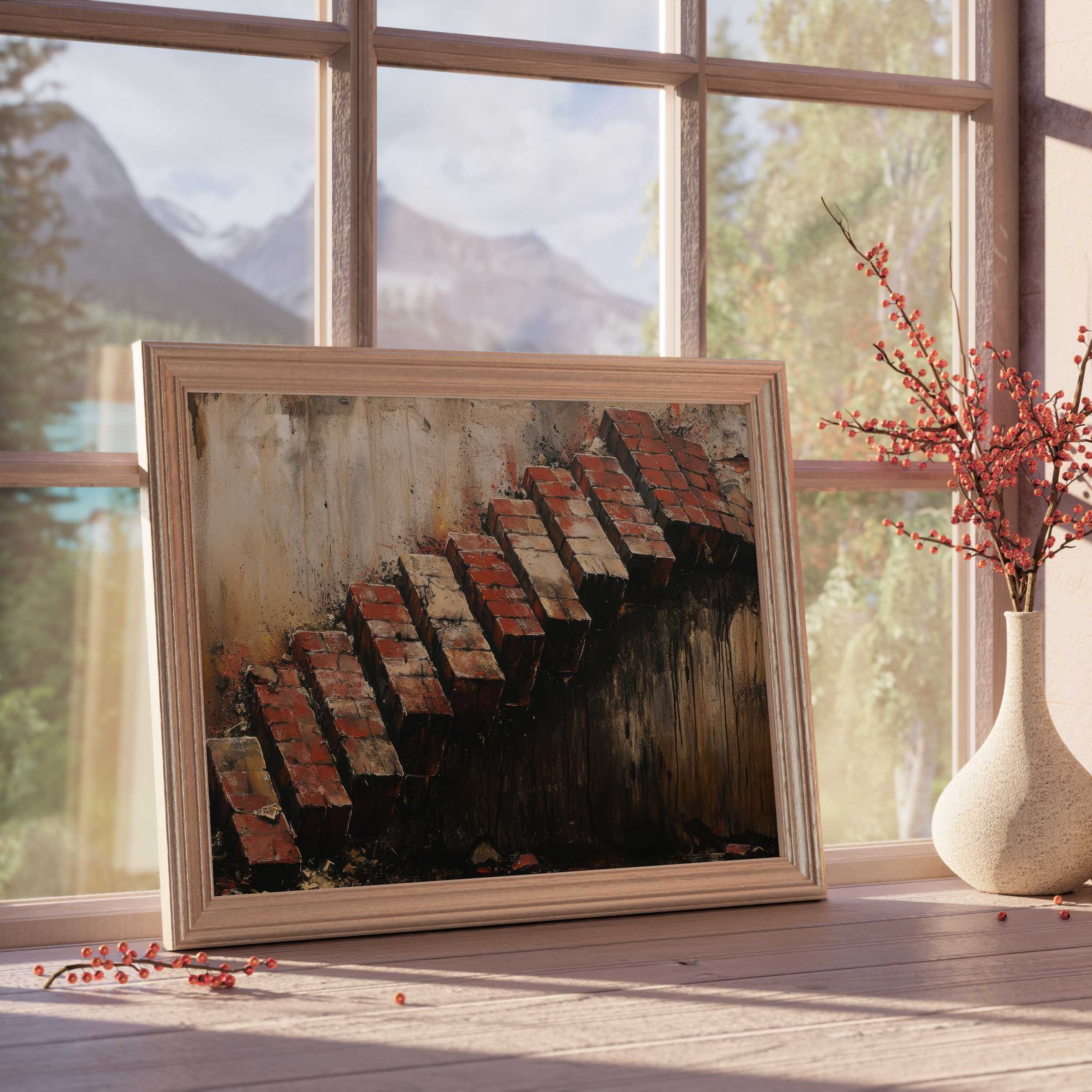 Raw brick stairs ascending against an aged wall, this street art downloadable art infuses curated interiors with urban grit and textured warmth
