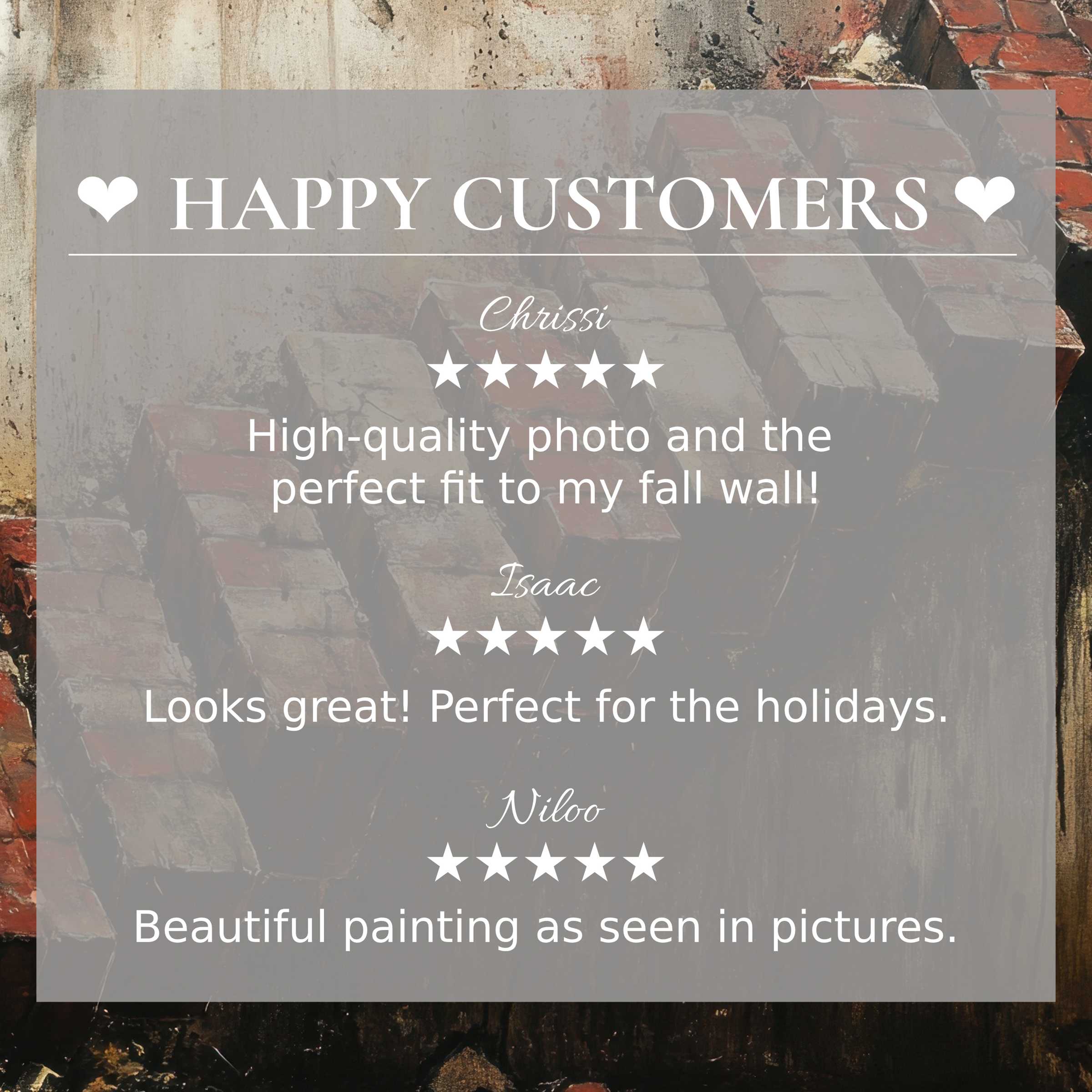 Street art for Frame TV with textured brick background, showcasing happy customer reviews that build trust and elegance