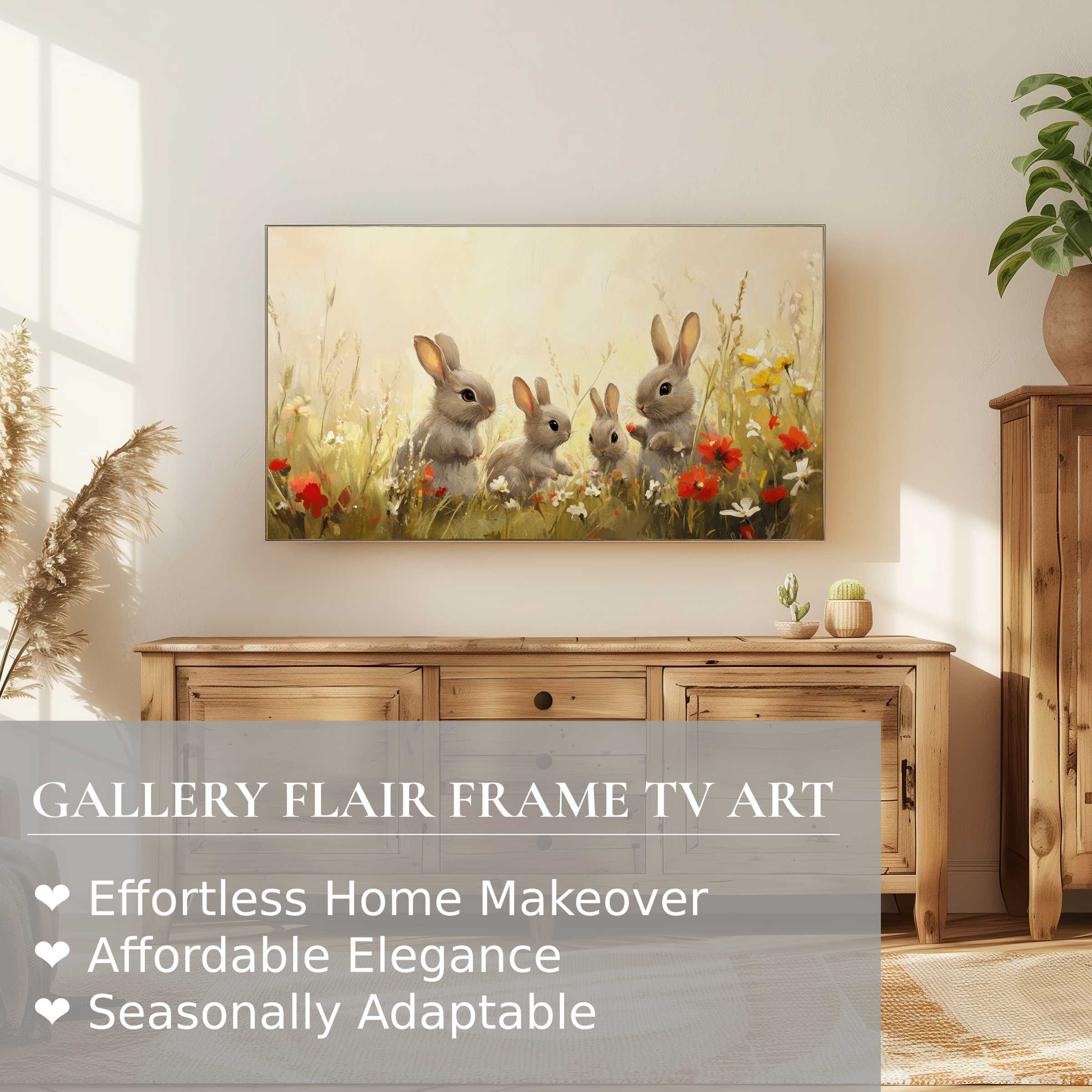 Samsung Frame TV displays elegant easter digital artwork of rabbits in soft floral tones, enhancing modern home decor