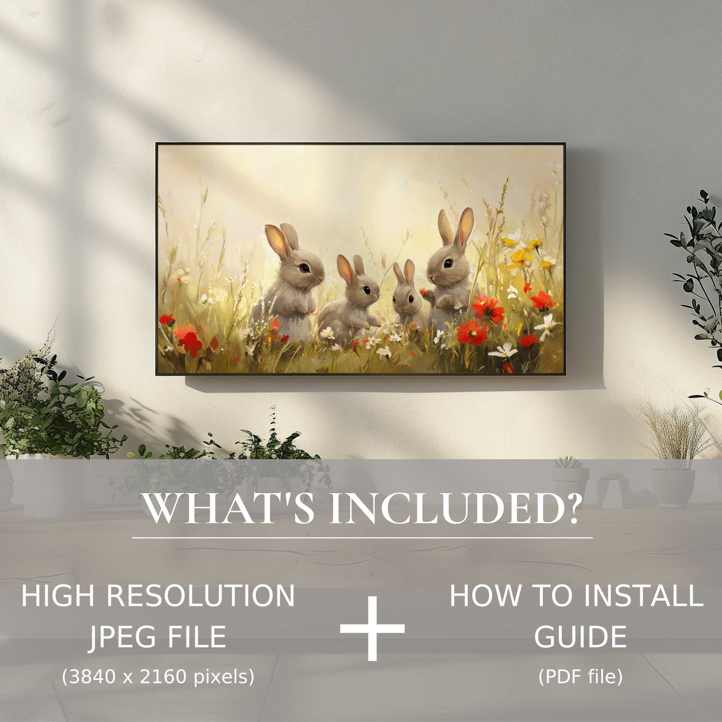 Elegant easter digital TV art download of playful bunnies enhances modern living spaces with effortless digital use
