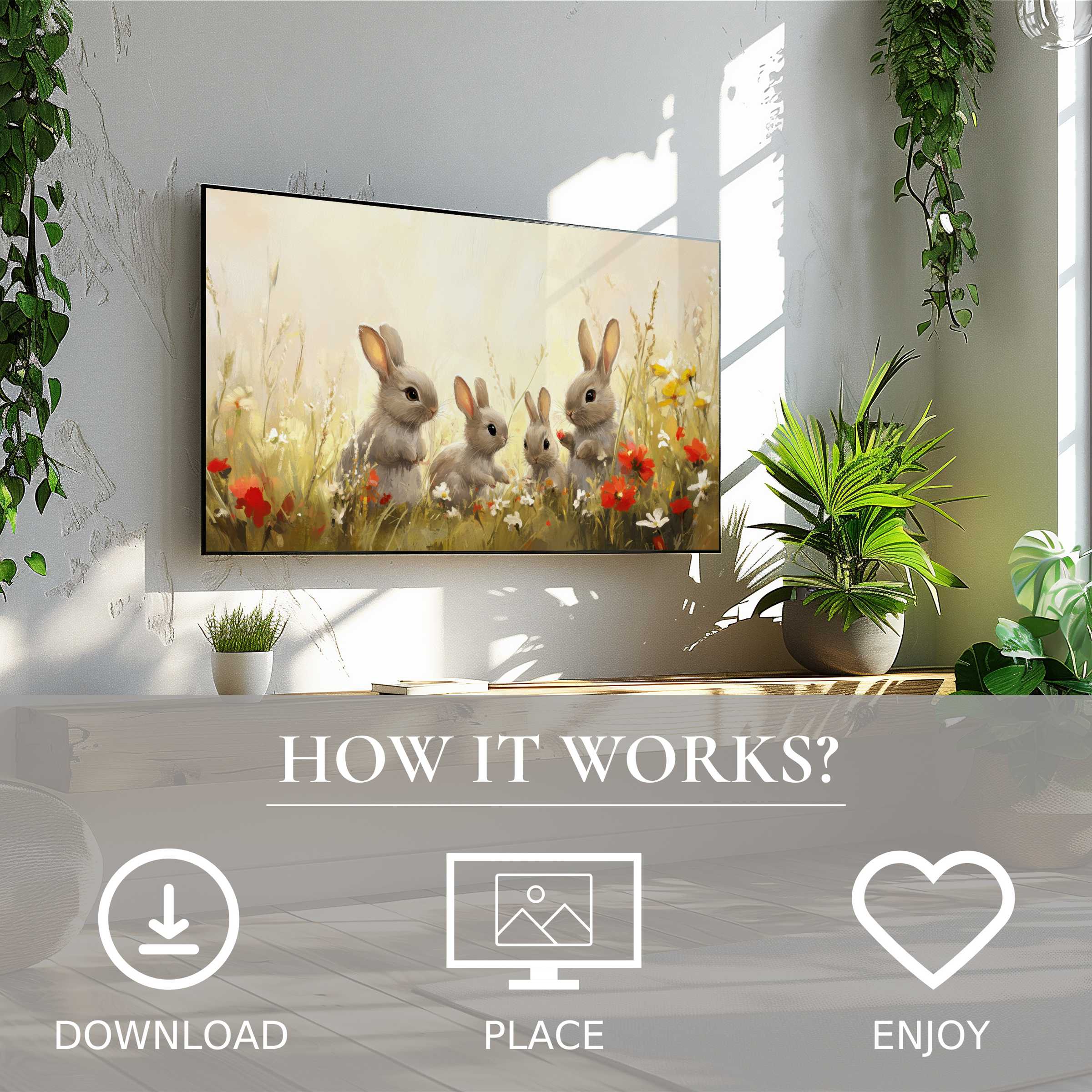 Easter art for Samsung TV shows soft sunrise tones with bunnies; easy digital download enriches your stylish living space