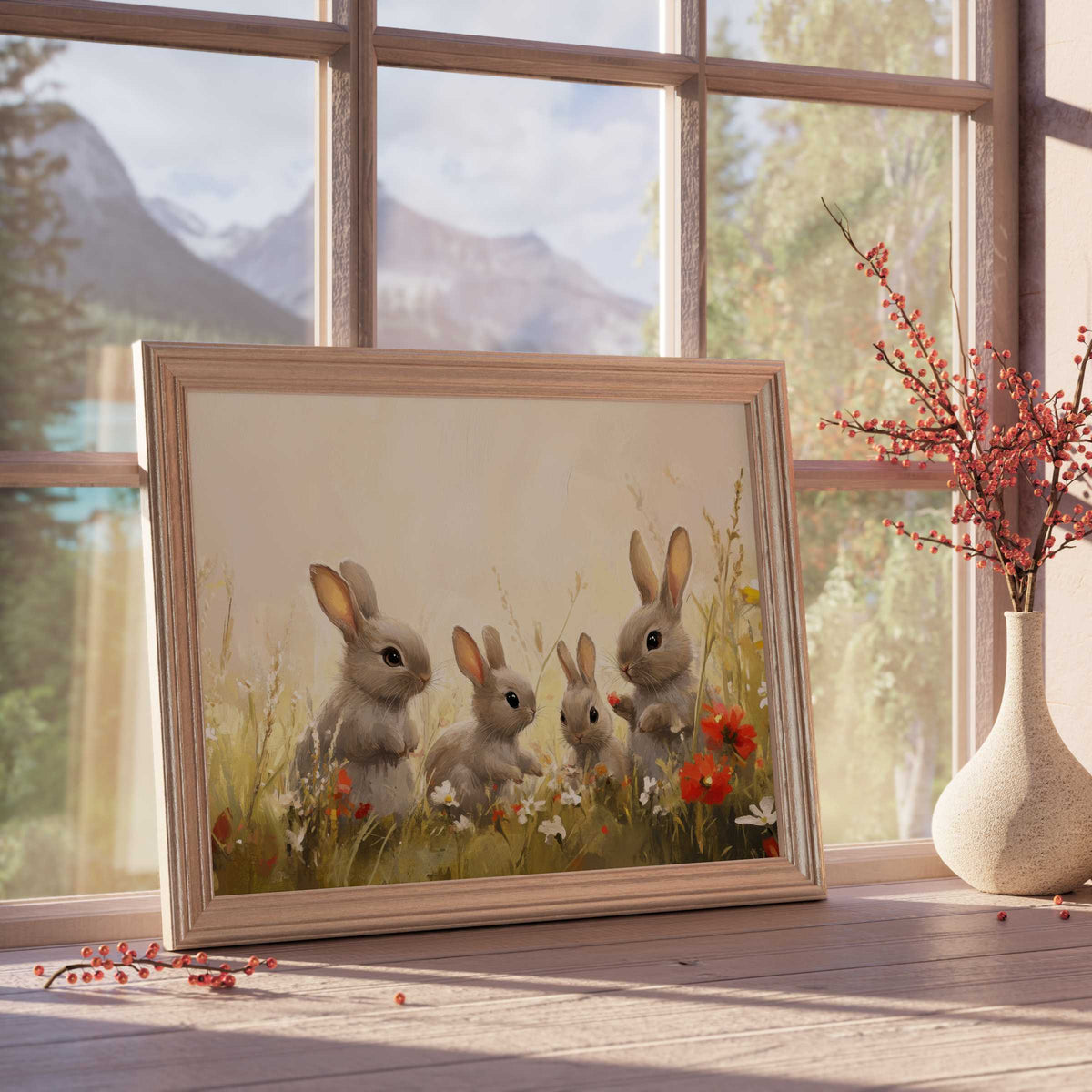 Elegant easter downloadable art of soft, curious bunnies amid wildflowers, enriching serene, design-forward interiors with warm seasonal charm