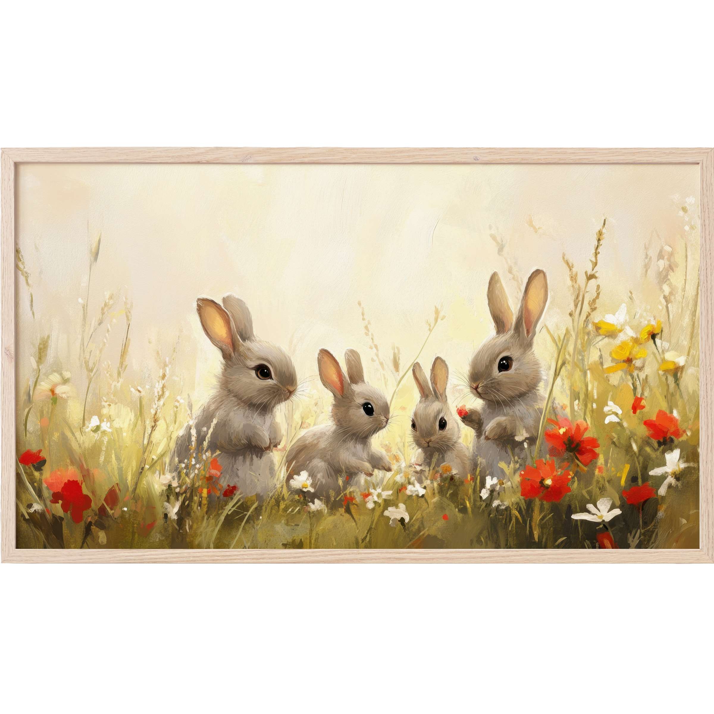 Four soft-furred rabbits in a wildflower meadow with warm tones, a serene easter Frame TV Art scene