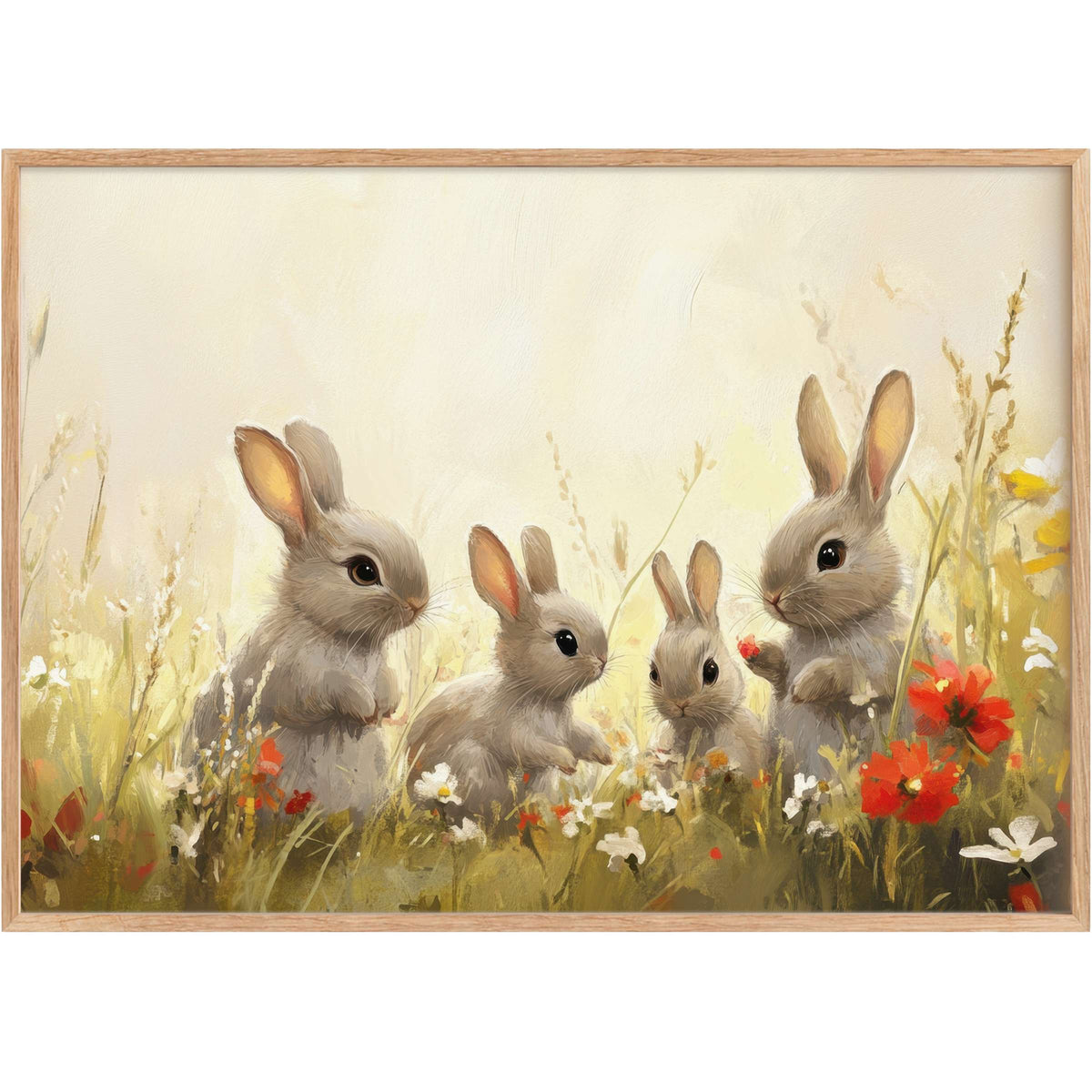 Charming easter printable wall art featuring soft gray bunnies amid warm golden hues and vibrant red blooms, evoking a serene springtime glow