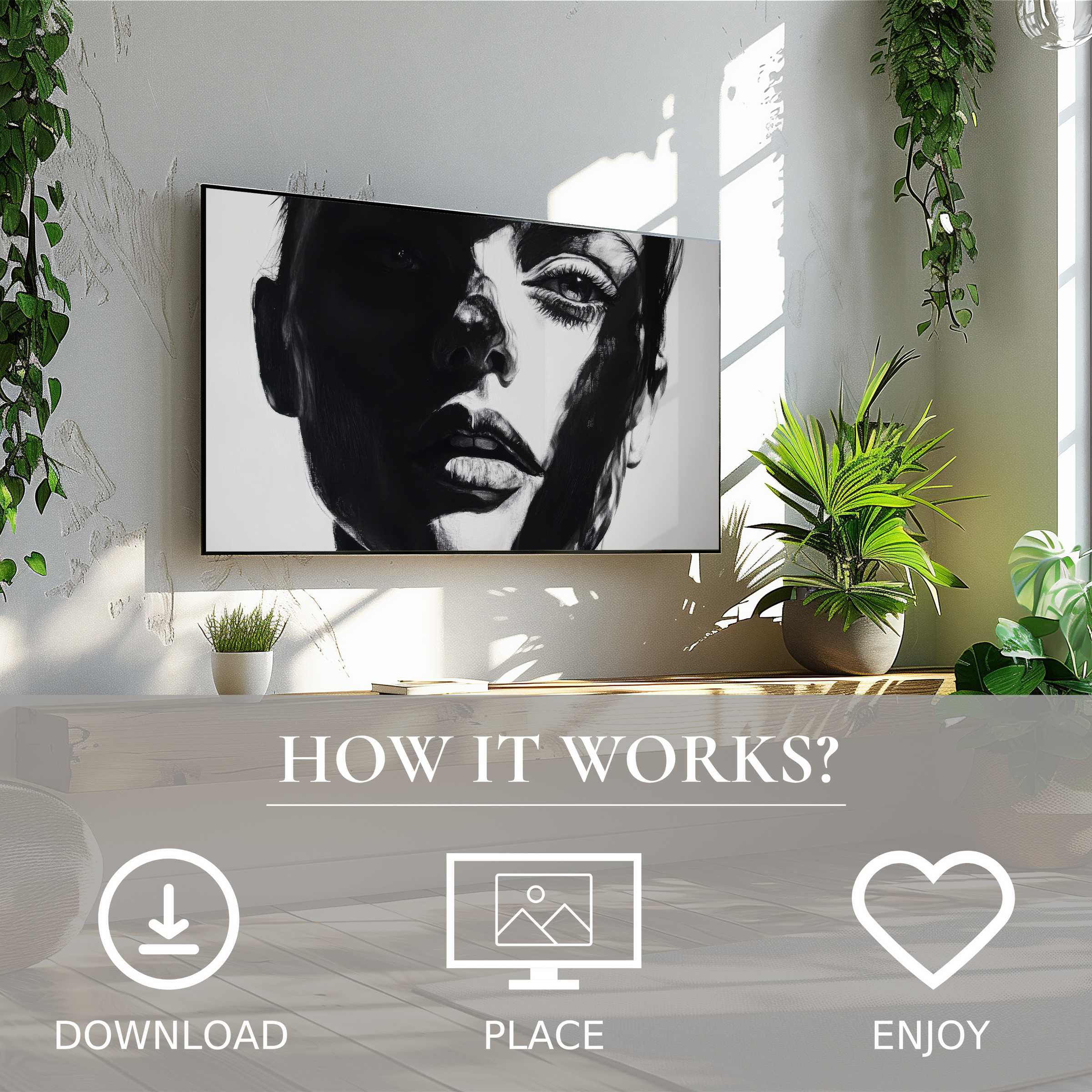 Stylish black and white art for Samsung TV, easy digital download with bold face motif, enriching modern living spaces