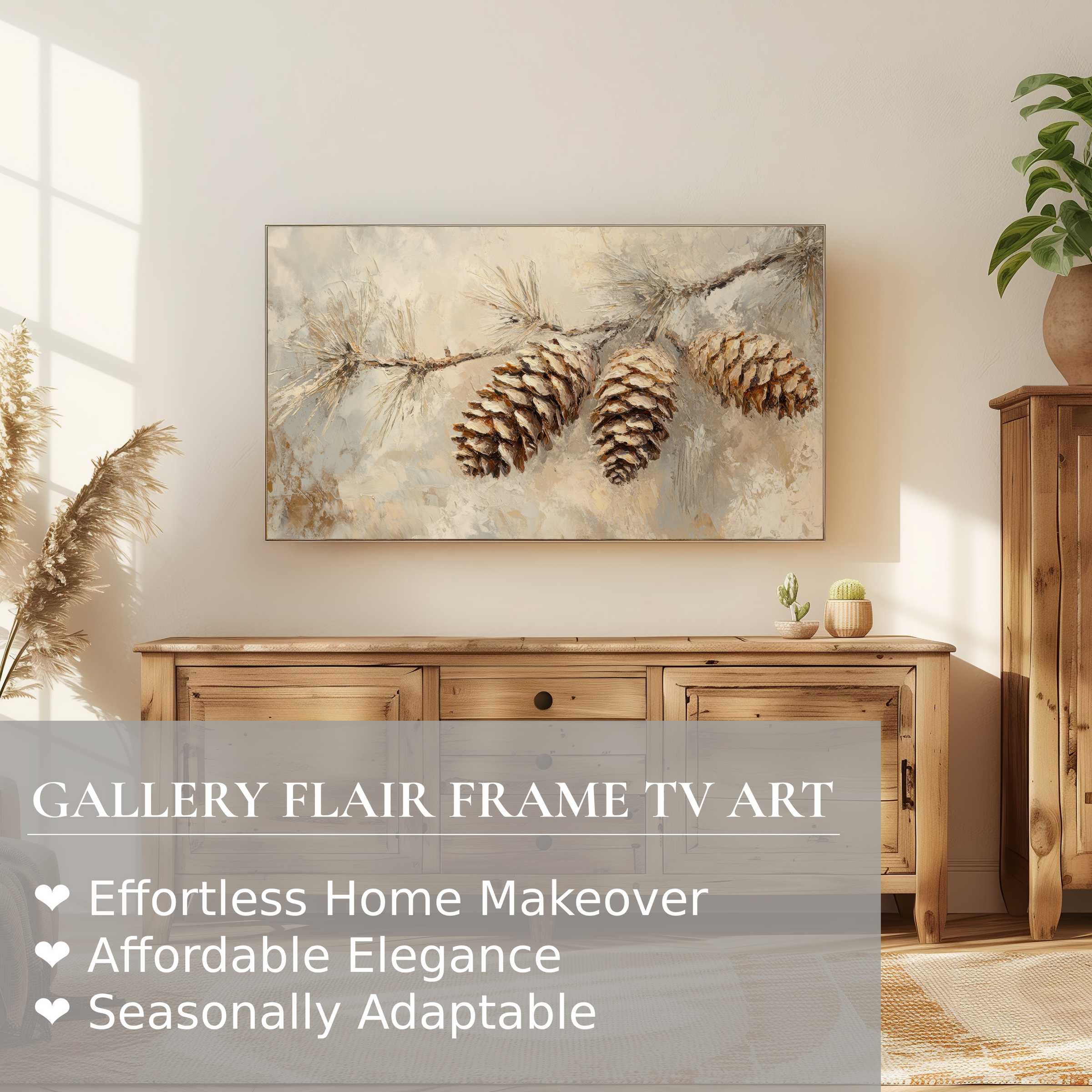 Elegant Samsung Frame TV showcasing tree digital artwork with pinecones in a modern, warm rustic living space