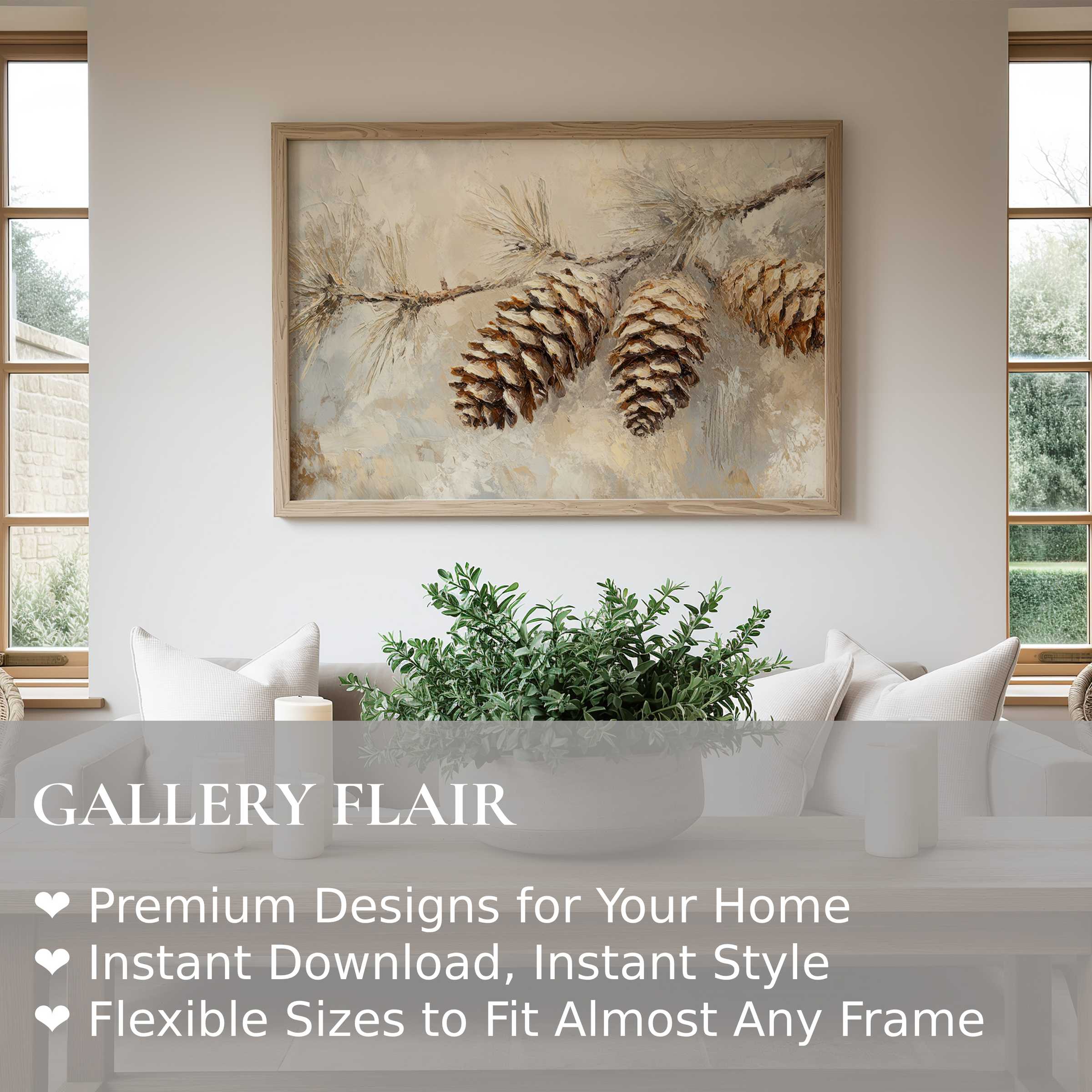 Elegant tree wall art print featuring textured pinecones in soft neutrals, enhancing serene modern farmhouse interiors with natural warmth