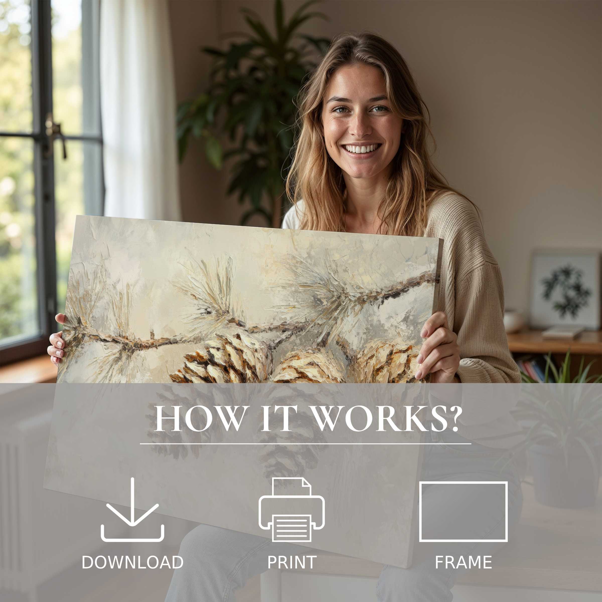 Bright modern living space with a woman embracing a tree digital art print, embodying joyful connection and serene elegance