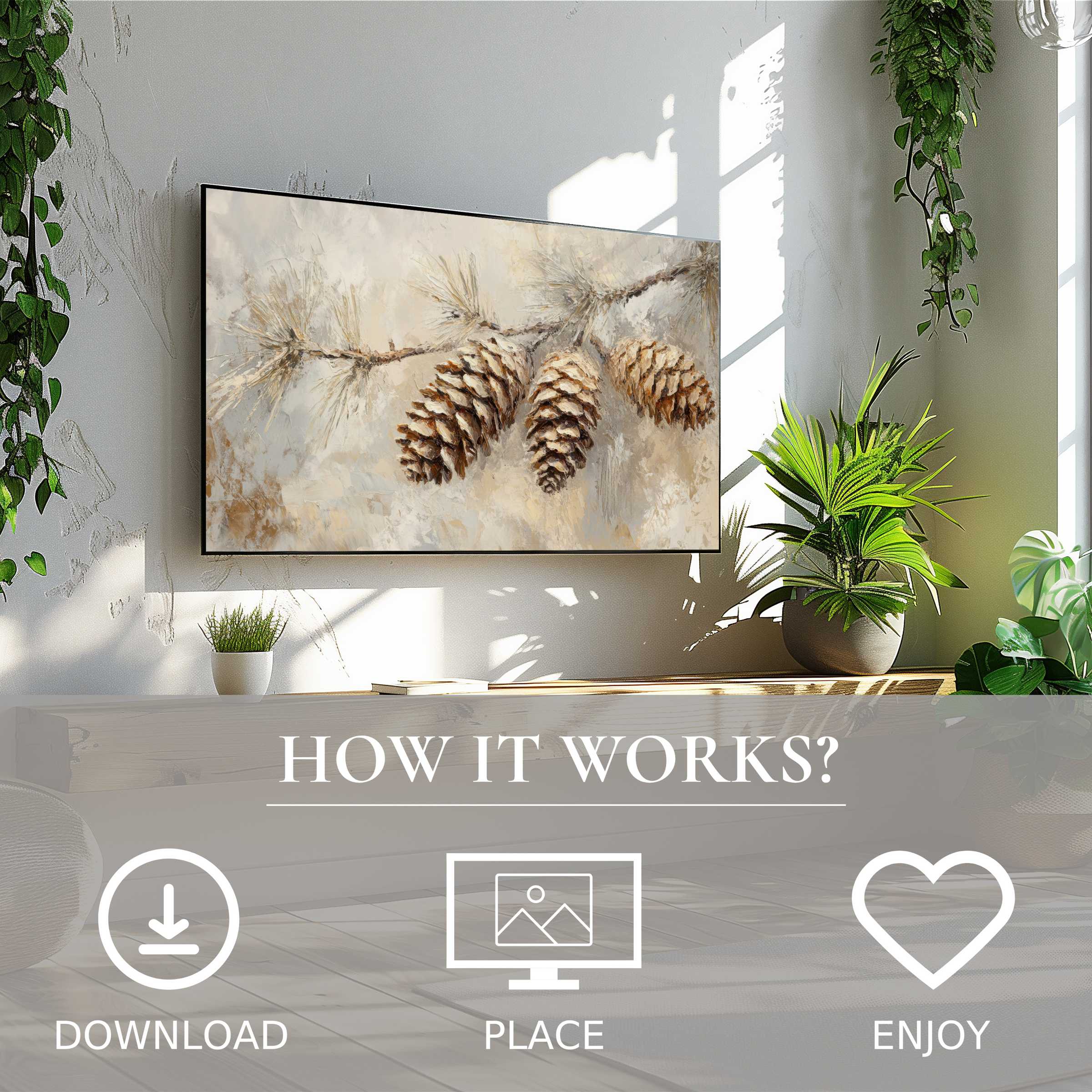 Tree art for Samsung TV featuring soft pinecone tones, easy digital download enriches modern living spaces effortlessly