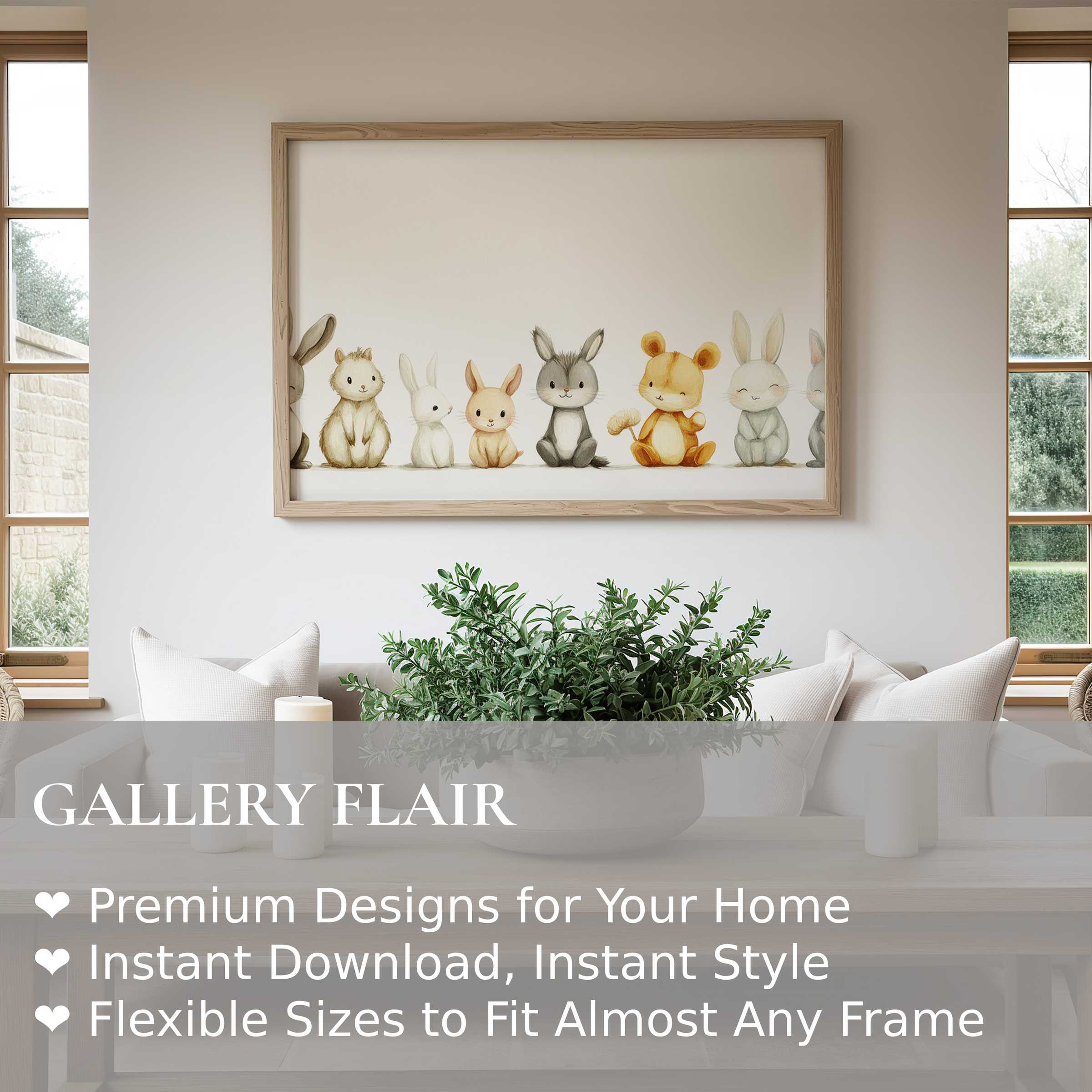 Nursery wall art print featuring soft, charming woodland animals in a serene, modern nursery setting, enhancing calming minimalist decor