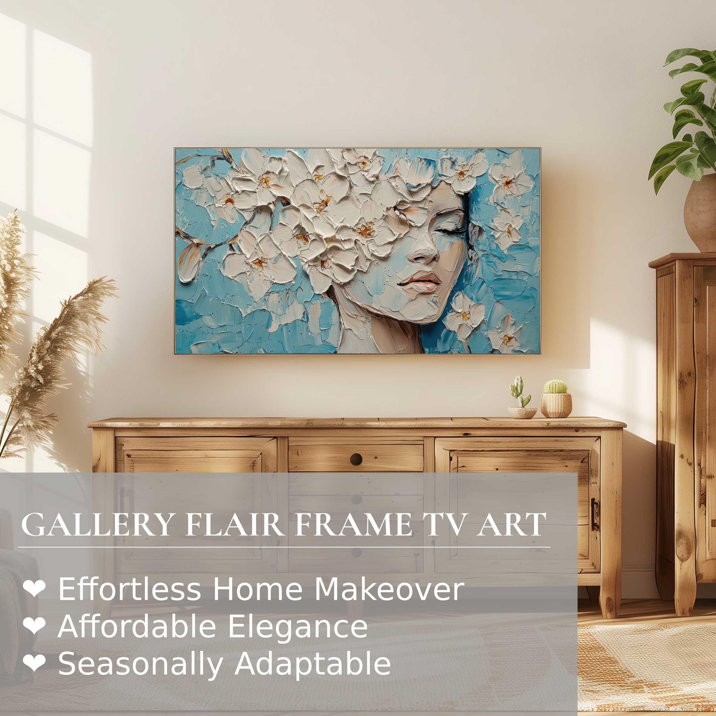 Samsung Frame TV showcases botanical digital artwork with textured floral portrait in serene modern setting