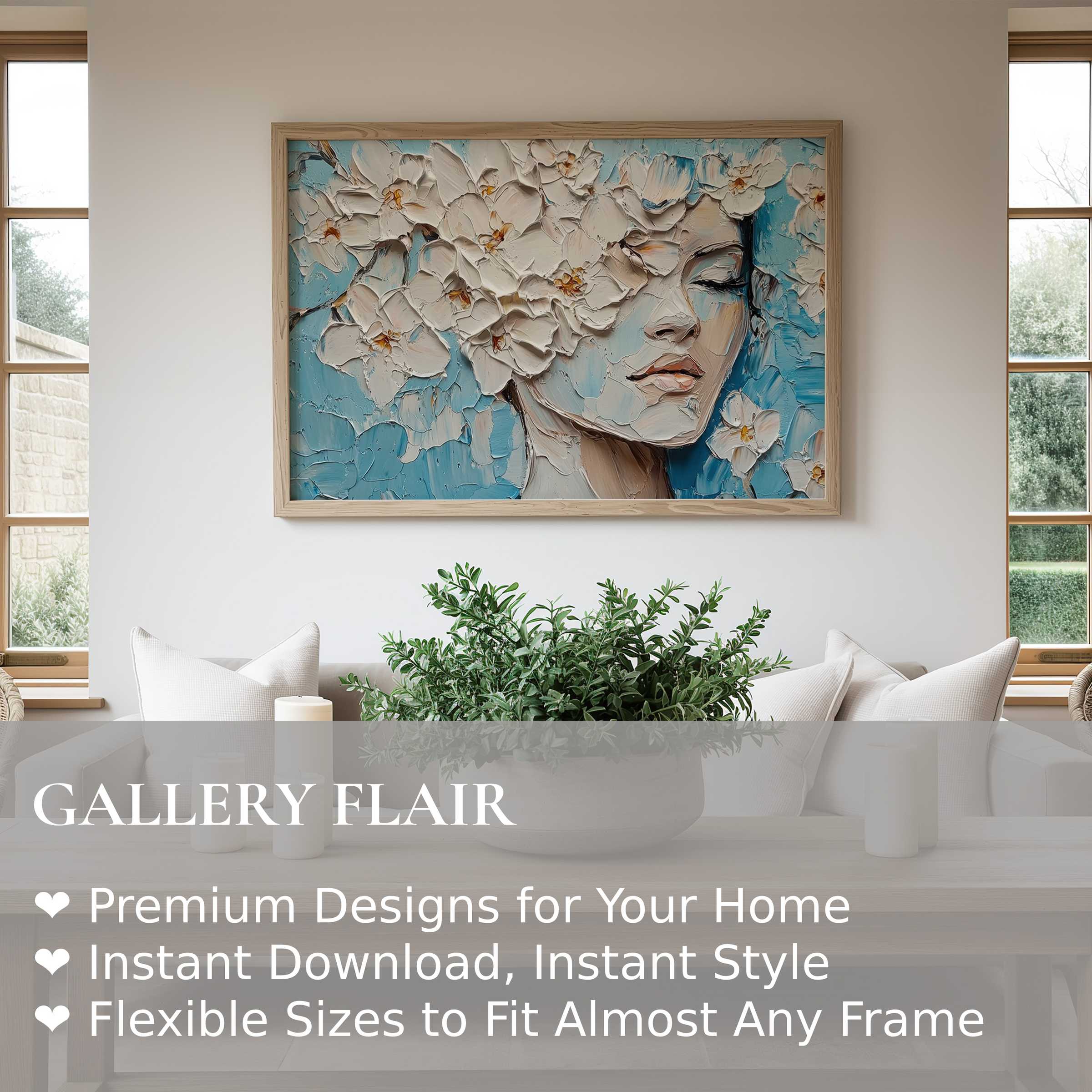 Botanical wall art print featuring textured white blossoms and serene female profile in soft blues, enhancing modern minimalist interiors with calm elegance