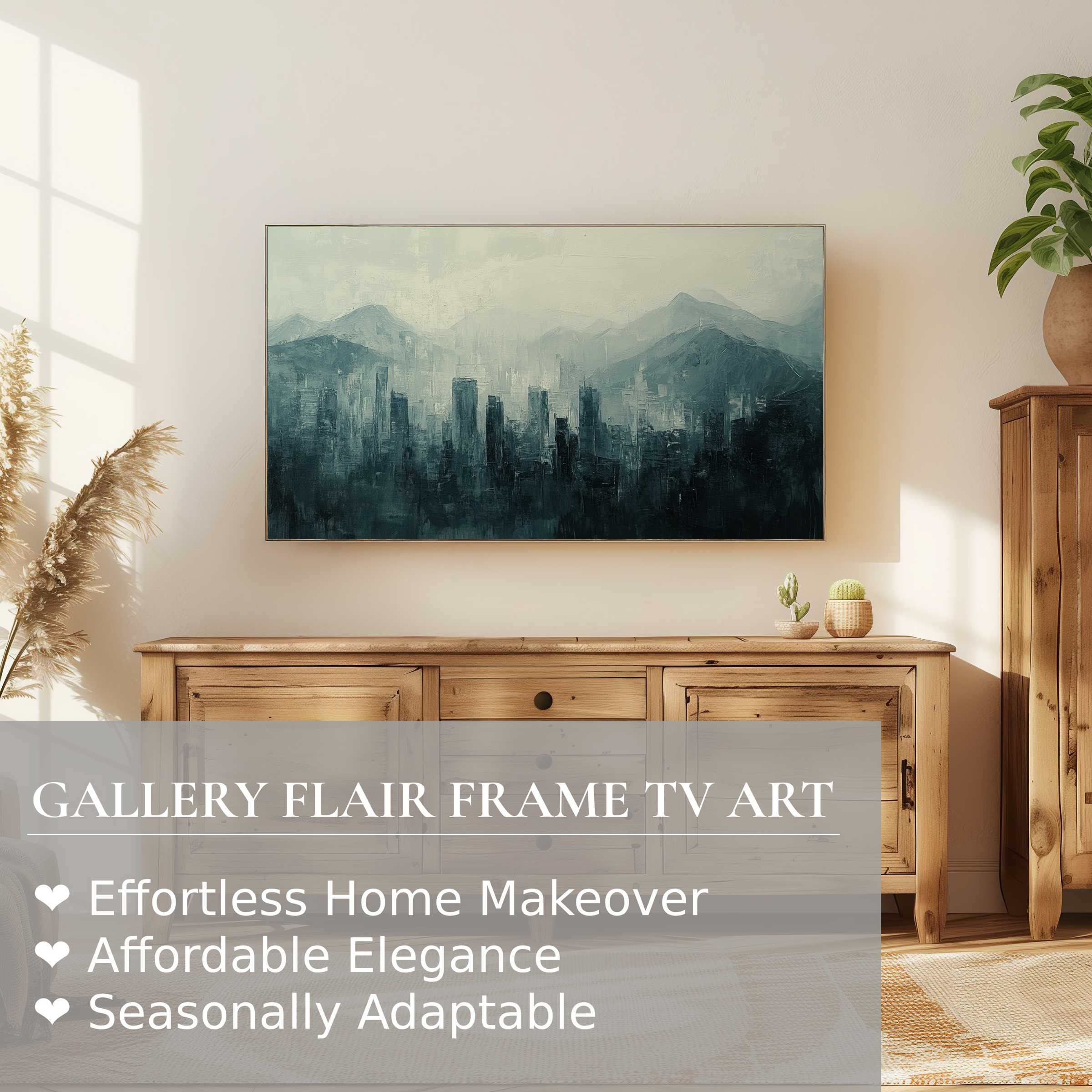 Modern living room with warm wood tones, Samsung Frame TV displaying elegant urban digital artwork of a misty cityscape